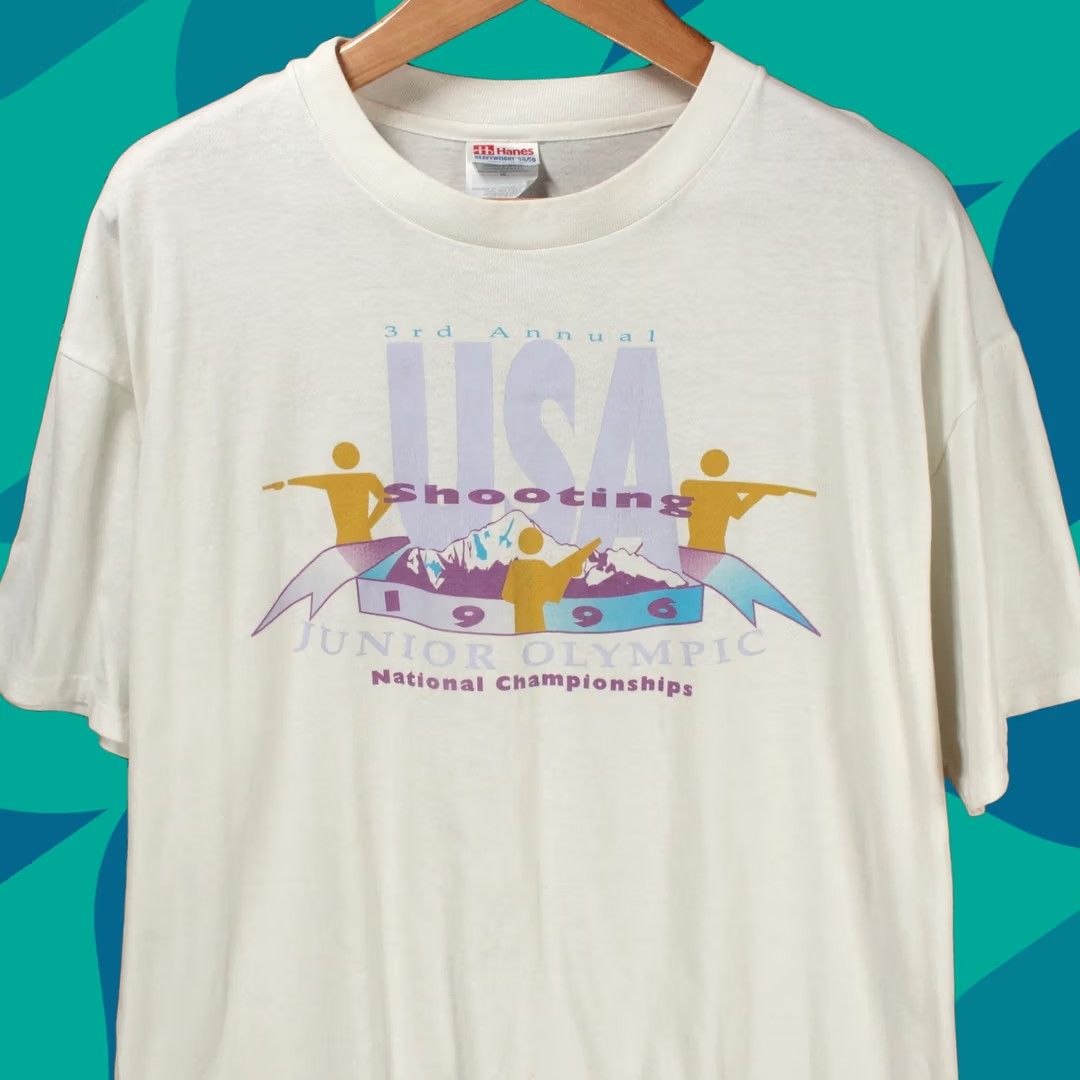 Hanes vtg 1996 USA SHOOTING JUNIOR OLYMPICS t-shirt XL white Hanes Unisex Adults Short Sleeve Crew Neck Cotton Blend Graphic Print Vintage 90s Size US XL / EU 56 / 4 - 1 Thumbnail
