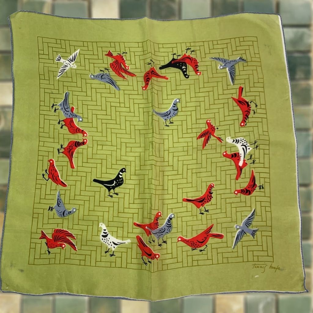 MCM VINTAGE Tammis Keefe Handkerchief Green Birds MCM Designer Women Handkerchief 16" x 16" Birds Geometric Size ONE SIZE - 1 Thumbnail