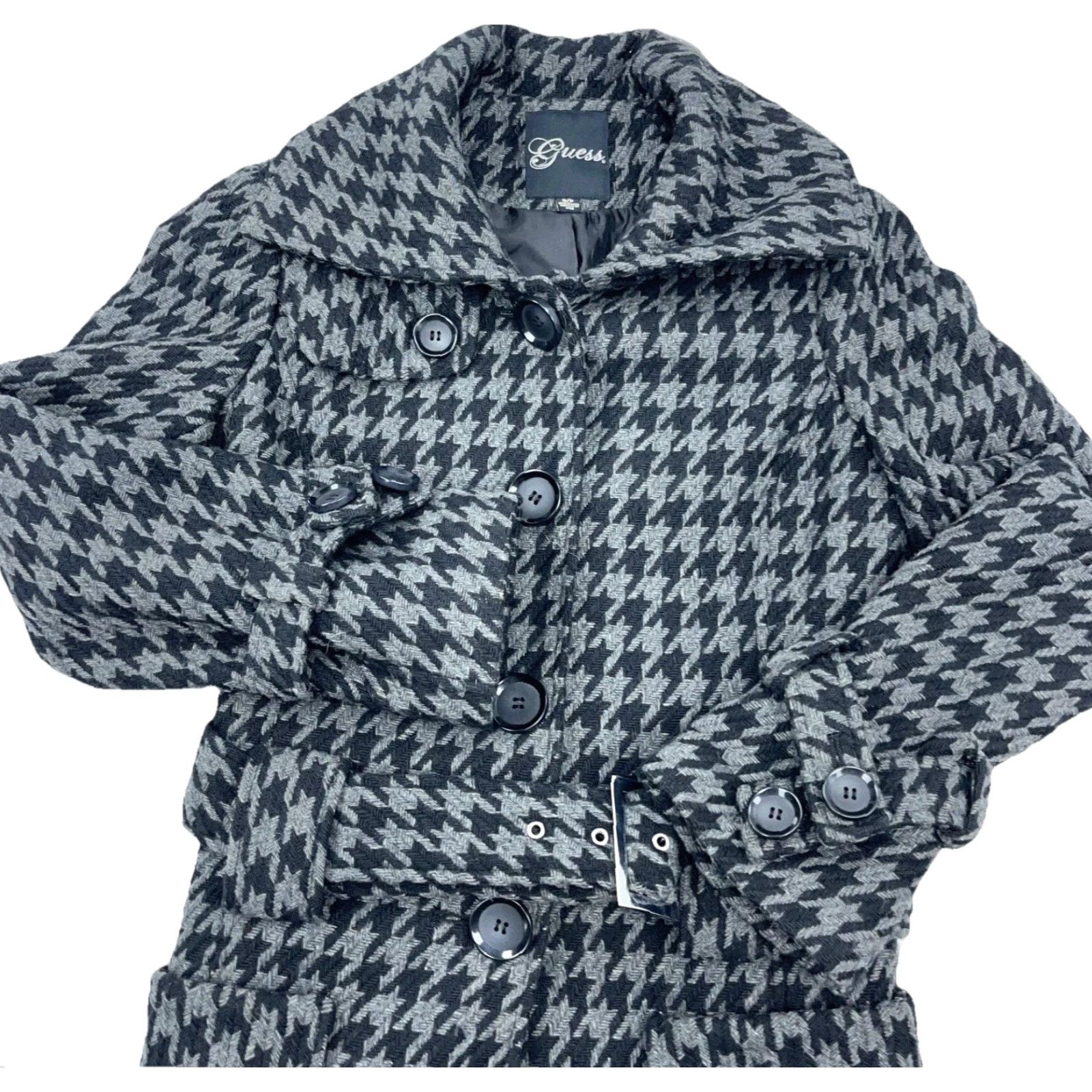 Guess Guess Coat Women Small Black Gray Houndstooth Wool Blend Pea Coat Belted Jacket Size S / US 4 / IT 40 - 2 Thumbnail