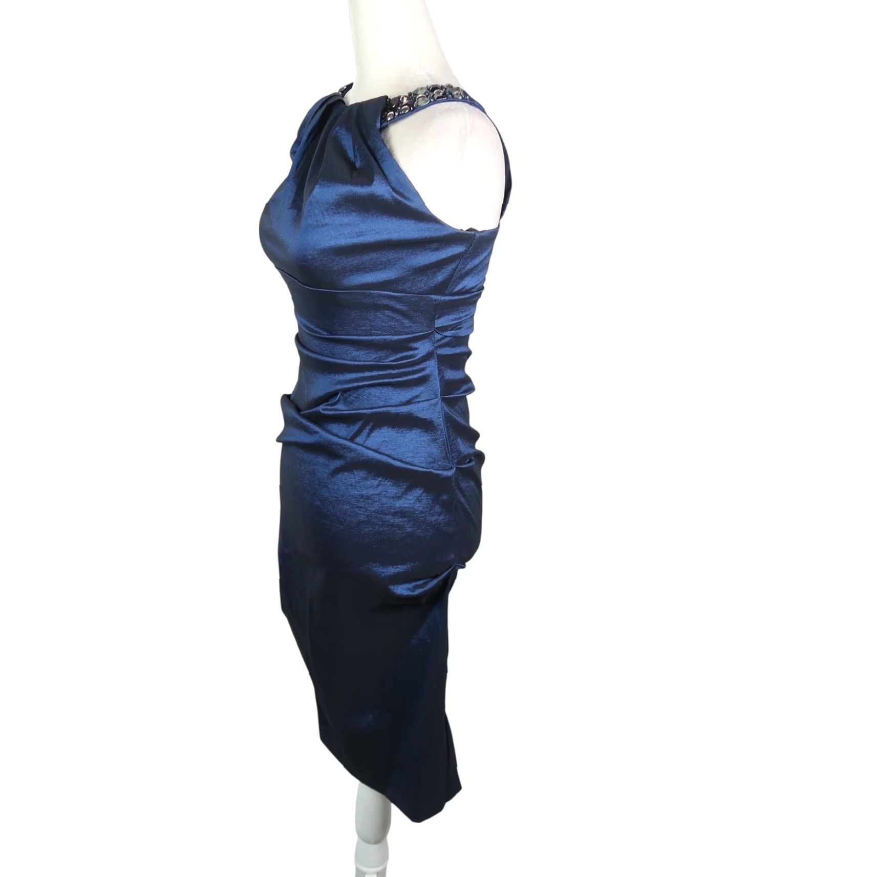 Vintage VINTAGE 90s Xscape Navy Blue Shiny Ruched Dress Cocktail Beaded Rhinestone Sequin Halter Knee Length Zip Front Back Womens Size 4 Size S / US 4 / IT 40 - 3 Thumbnail