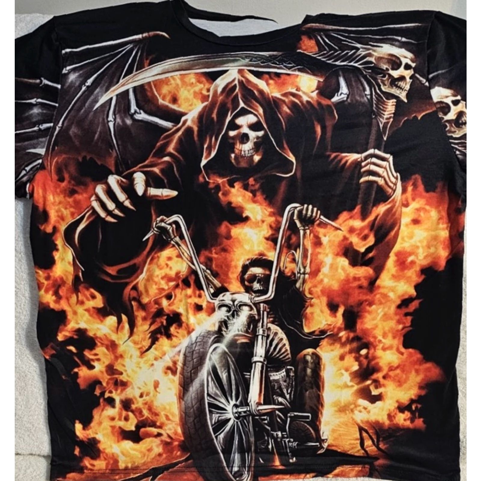Vintage GRIM REAPER SCYTHE MOTORCYCLE BIKER FIRE FLAMES SKULL T-SHIRT Size US L / EU 52-54 / 3 - 2 Thumbnail