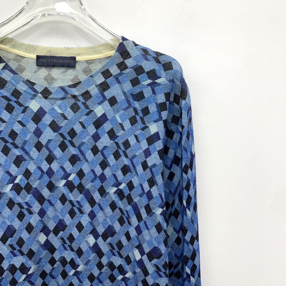 Trussardi Trussardi Blue Plaid Wool Long Sleeve Knit Sweater K26WX Size US S / EU 44-46 / 1 - 3 Thumbnail
