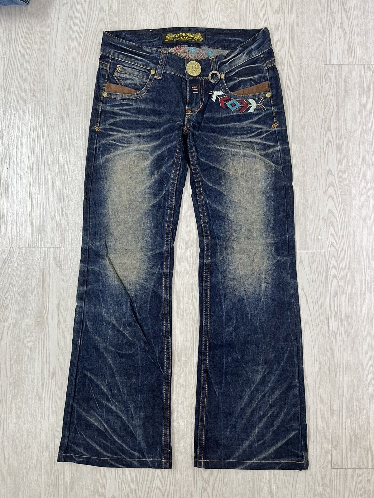 CRAZY🤯 Flare Red Pepper Embroided Trible Style Jeans