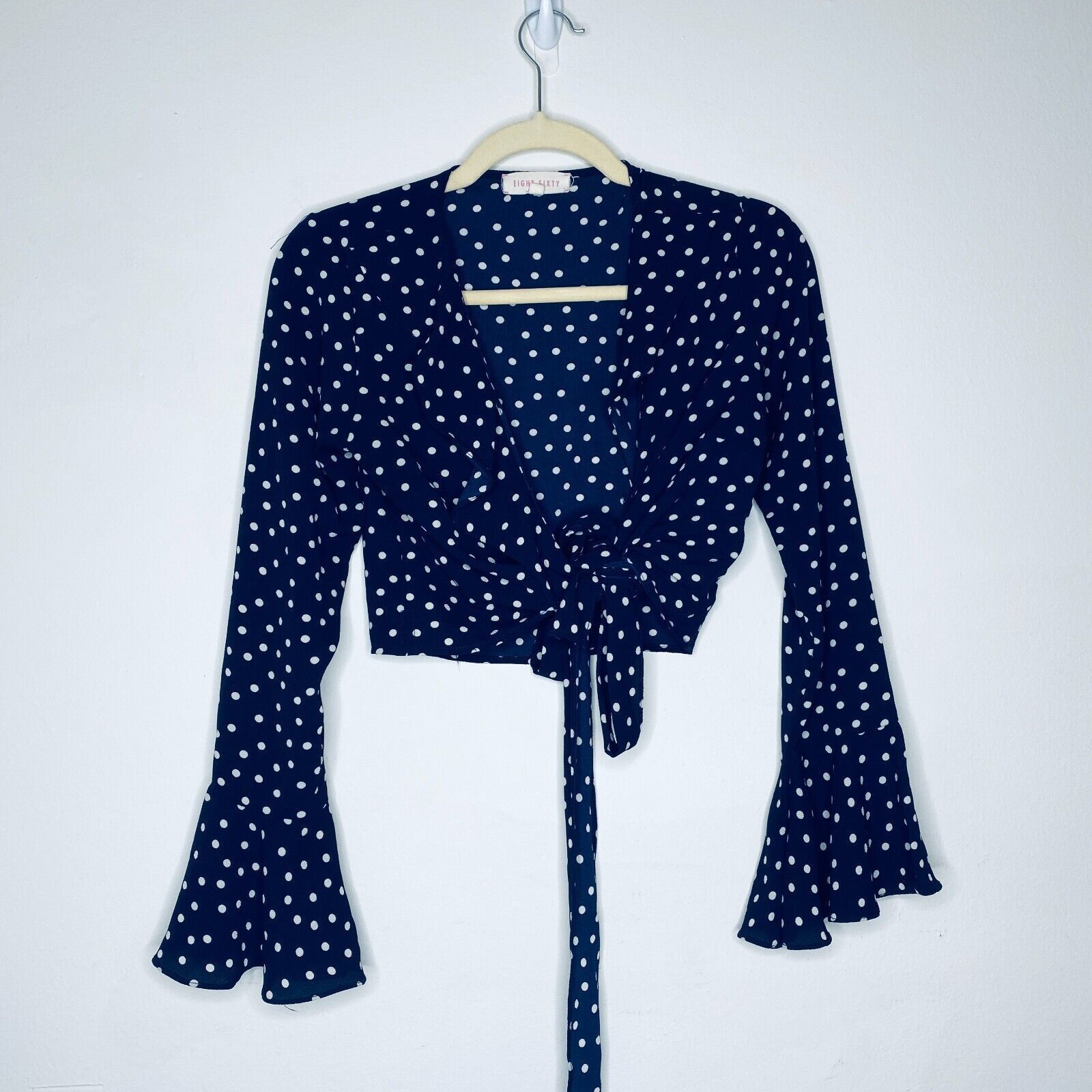 Other Revolve Eight Sixty Navy Cream Dot Wrap Front-V Crop Top SM Size S / US 4 / IT 40 - 1 Thumbnail