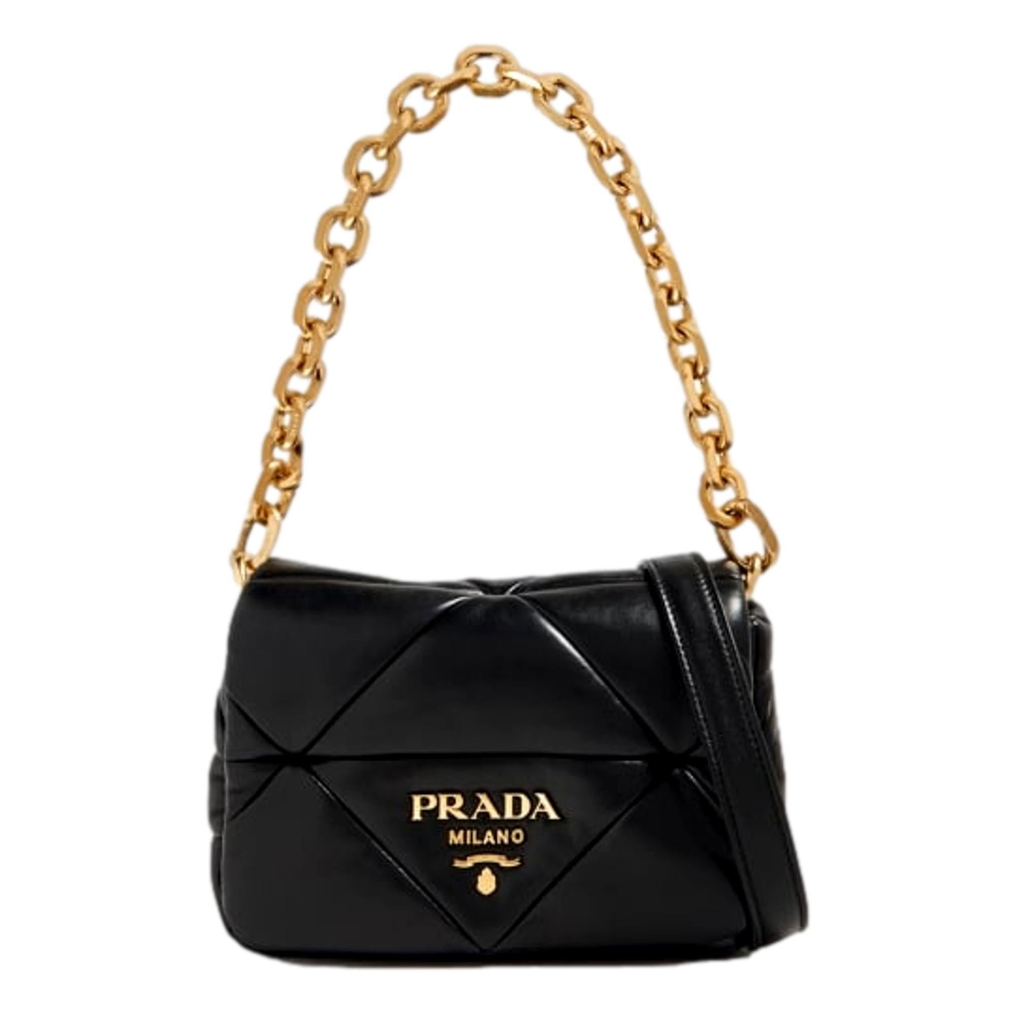 image of NWT Prada Gold Logo Black Quilted Nappa Patch Leather Small Shoulder Bag, Women's