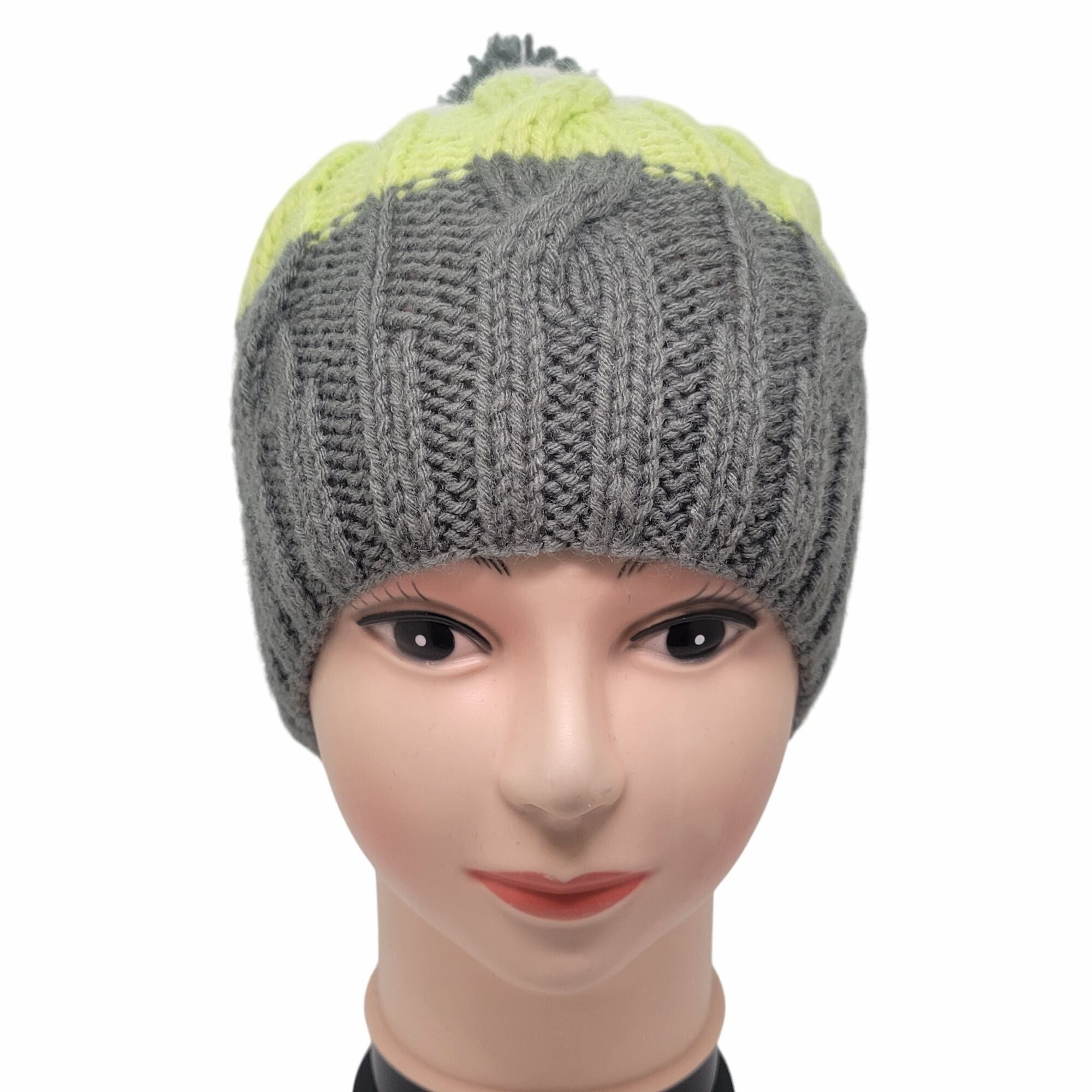 Other ⭐Adult Unisex Handmade Pom Beanie Cable Knit Color Block Gre Size ONE SIZE - 3 Thumbnail