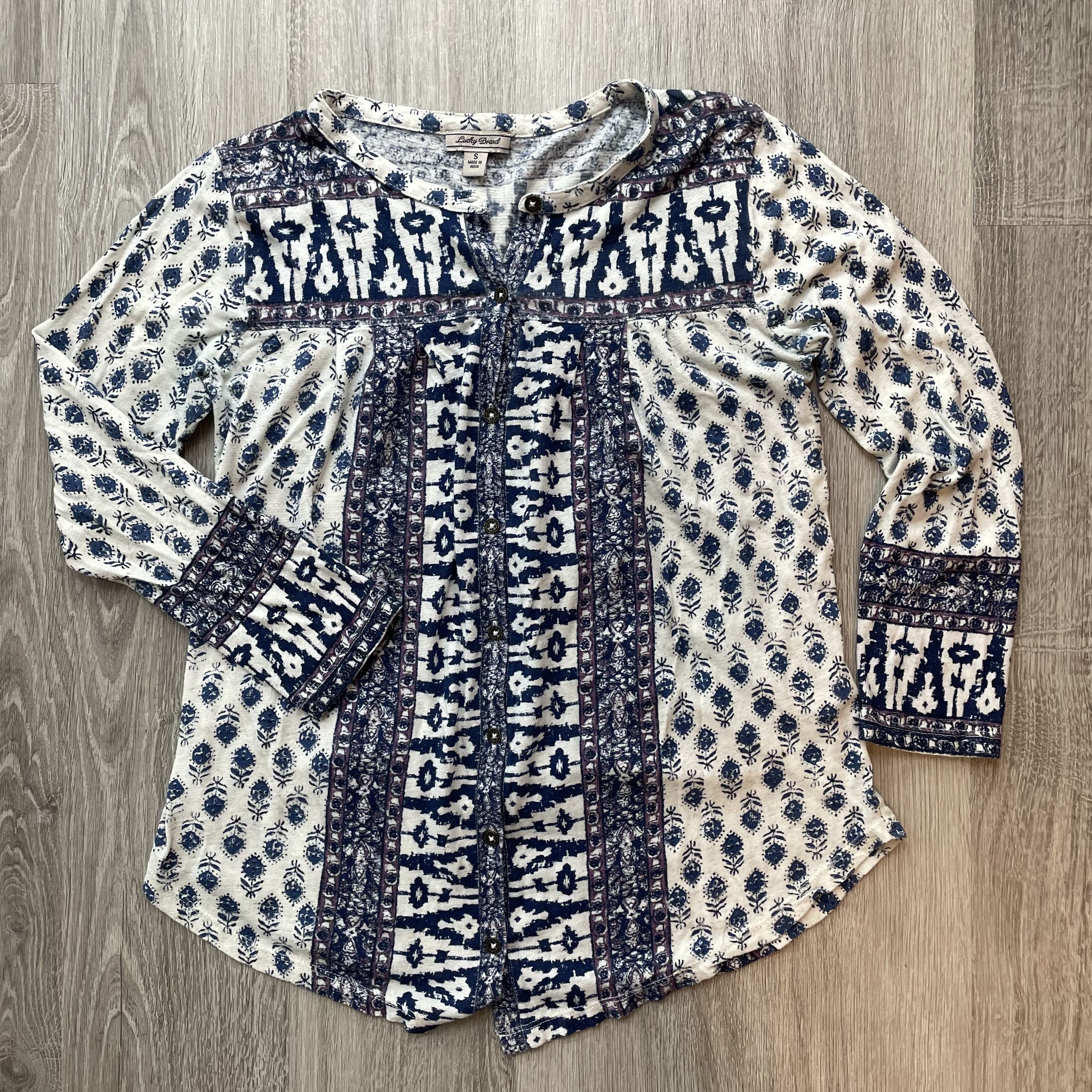 Lucky Brand Lucky Brand Boho Mixed Print Button Up Blouse Blue White S Size S / US 4 / IT 40 - 2 Thumbnail