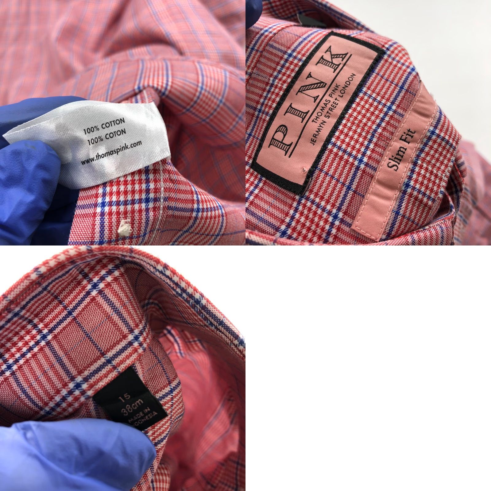 Pinko Thomas Pink Dress Shirt Plaid Red Pink LS 15/34.5 French Cuff 100% Cotton Mens Regular Modern Brand Shirt Size 42R - 8 Thumbnail