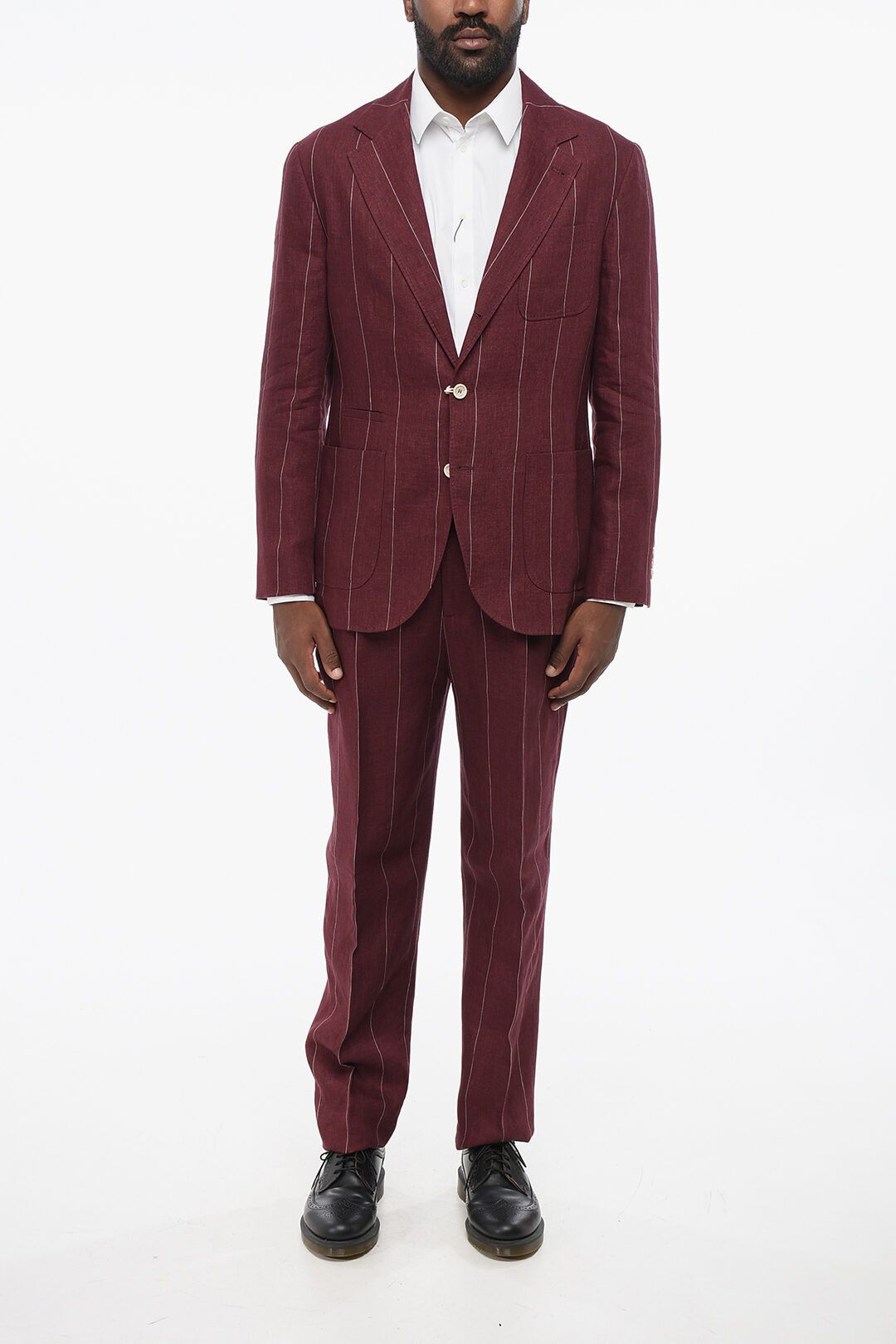 Brunello Cucinelli og1mm0725 Pure Linen Pinstriped Suit in Burgundy Size US M / EU 48-50 / 2 - 1 Thumbnail
