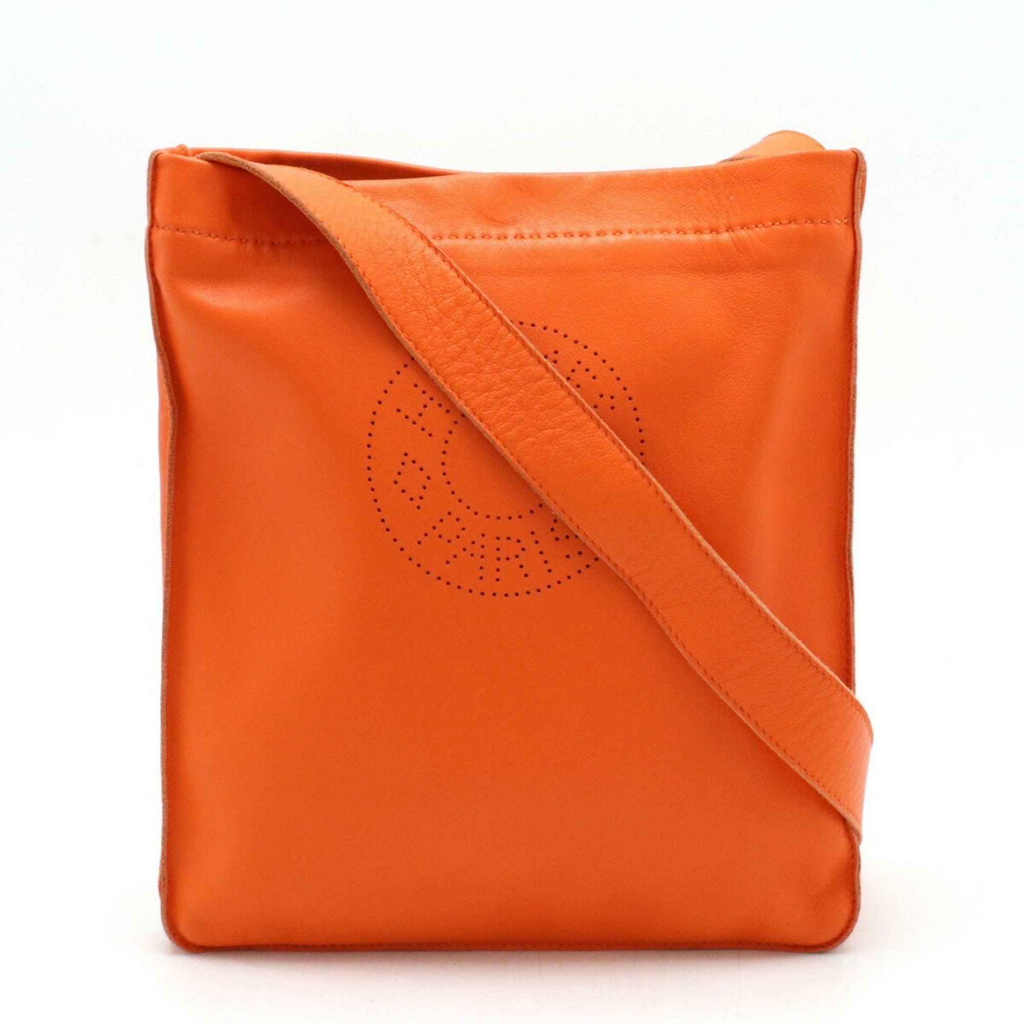 image of Hermes Cru De Cell Shoulder Bag Pochette Lambskin Leather Orange O Stamp, Women's