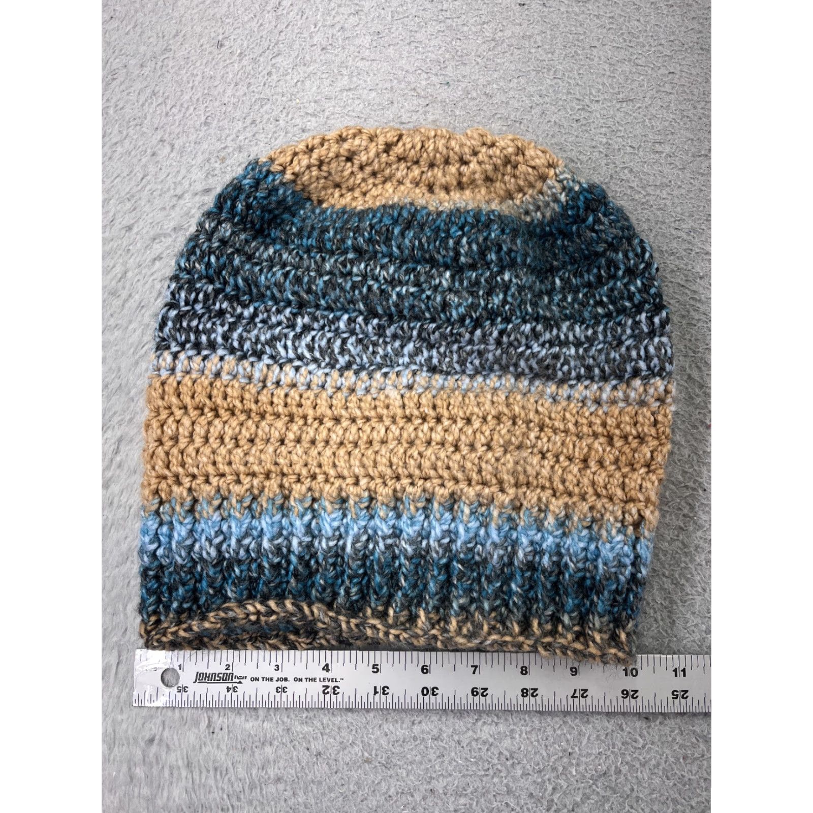Vintage Handmade Beanie Toque Knit Acrylic Striped Adult One Size Blue Beige Button Hat Mens Women Adults Beanie Size ONE SIZE - 3 Thumbnail