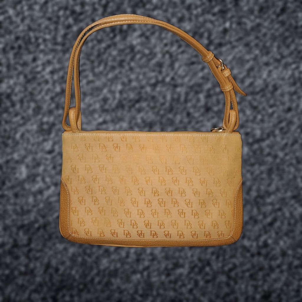 Dooney & Bourke VINTAGE Dooney & Bourke Monogram Small Shoulder Bag Clutch Canvas Leather Trim Beige Crossbody Strap Womens Bag Size ONE SIZE - 1 Thumbnail