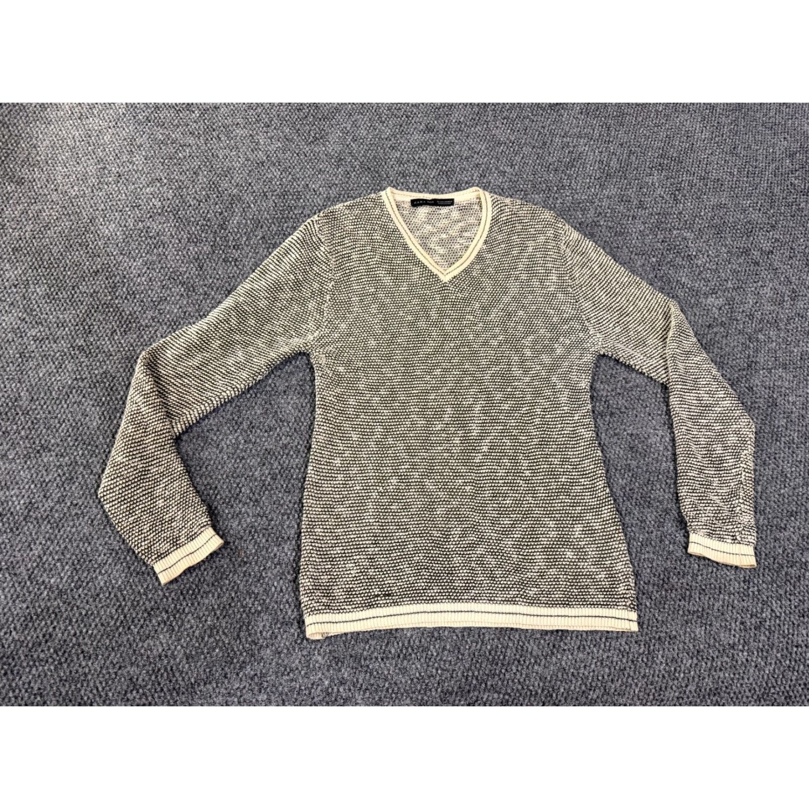 Zara Zara Sweater Mens M Pullover Knit V-Neck Long Sleeve Beige Cream Cotton Size US M / EU 48-50 / 2 - 2 Thumbnail