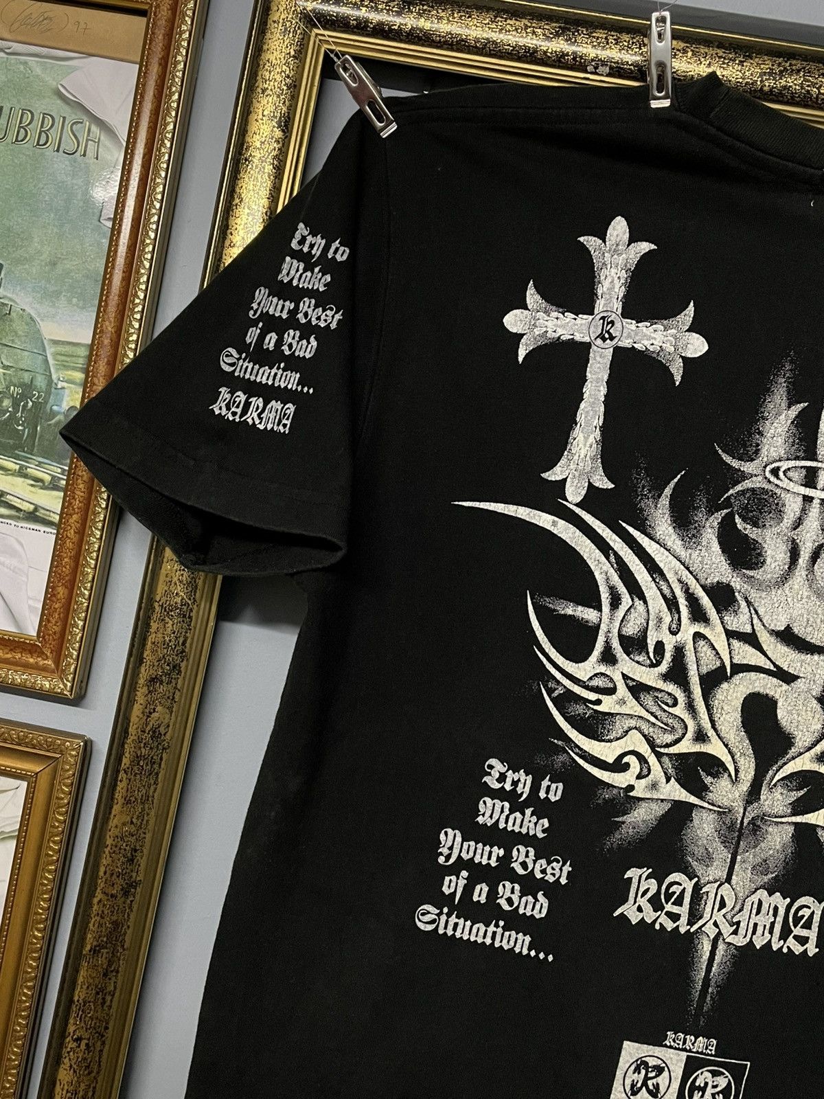 Japanese Brand Vintage 1990s Japan Karma Tribal Cross Gothic Style Tshirt Size US M / EU 48-50 / 2 - 4 Thumbnail