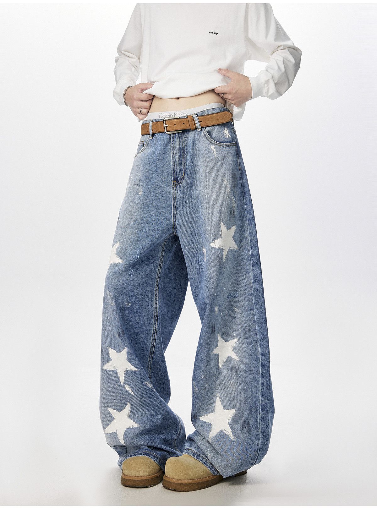 Japanese Brand Men's loose casual scimitar star graffiti print jeans Size US 32 / EU 48 - 4 Thumbnail