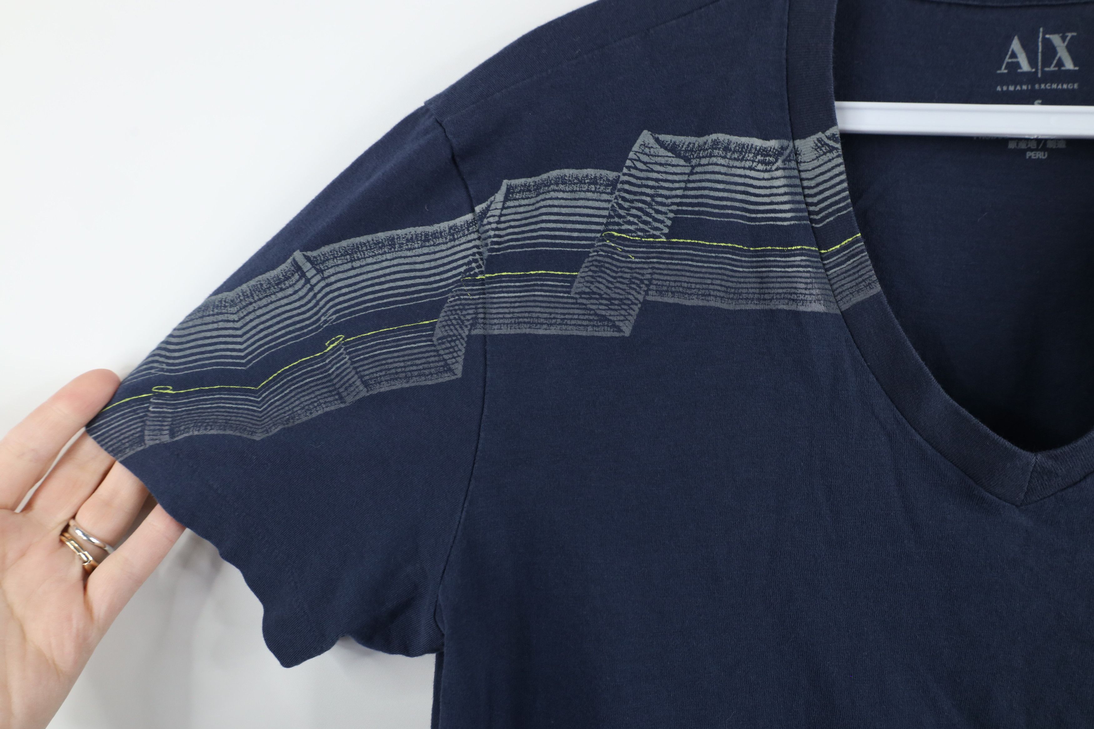 Armani Exchange × Vintage Armani Exchange Spell Out Ribbon V-Neck T-Shirt Navy Blue Size US S / EU 44-46 / 1 - 5 Thumbnail