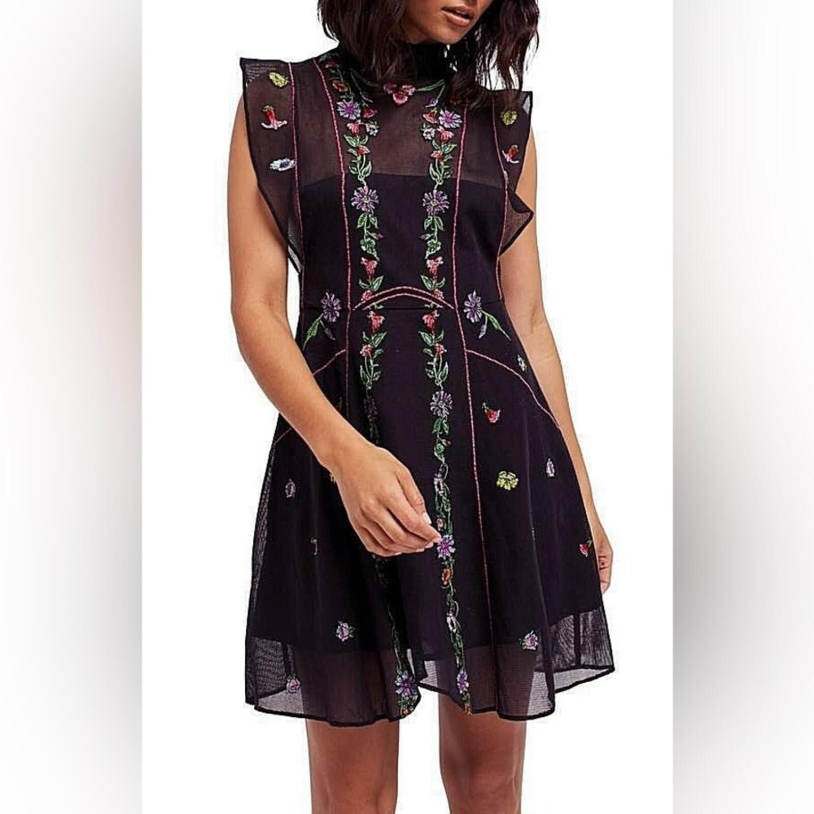 Free People Black Riviera Embroidered Illusion Mini Dress Size XL / US 12-14 / IT 48-50 - 2 Thumbnail