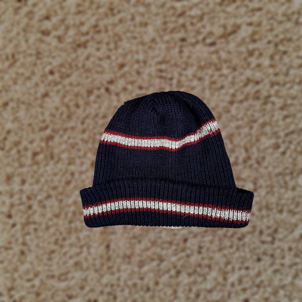 Vintage Beanie Mens Knit Hat Striped Blue One Size Cuffed Winter Warm Stretch Casual Nightwear Size ONE SIZE - 1 Thumbnail