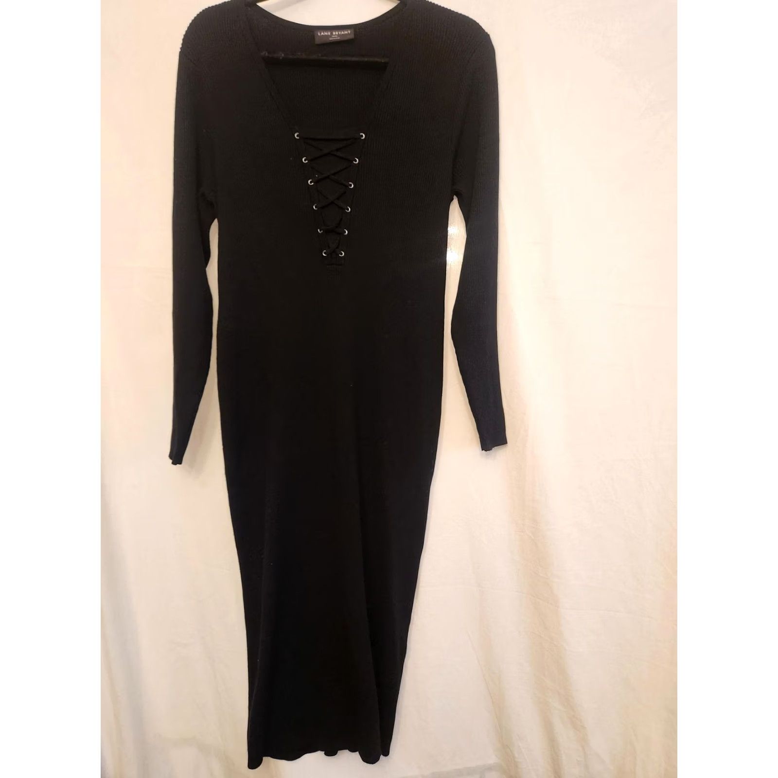 Vintage Lane Bryant Dress Wmn 18/20 Plus Size Black Lace Up V Neck Long Midi Knit Pullover Sweater Dress Womens Size XXL / US 16-18 / IT 52-54 - 2 Thumbnail