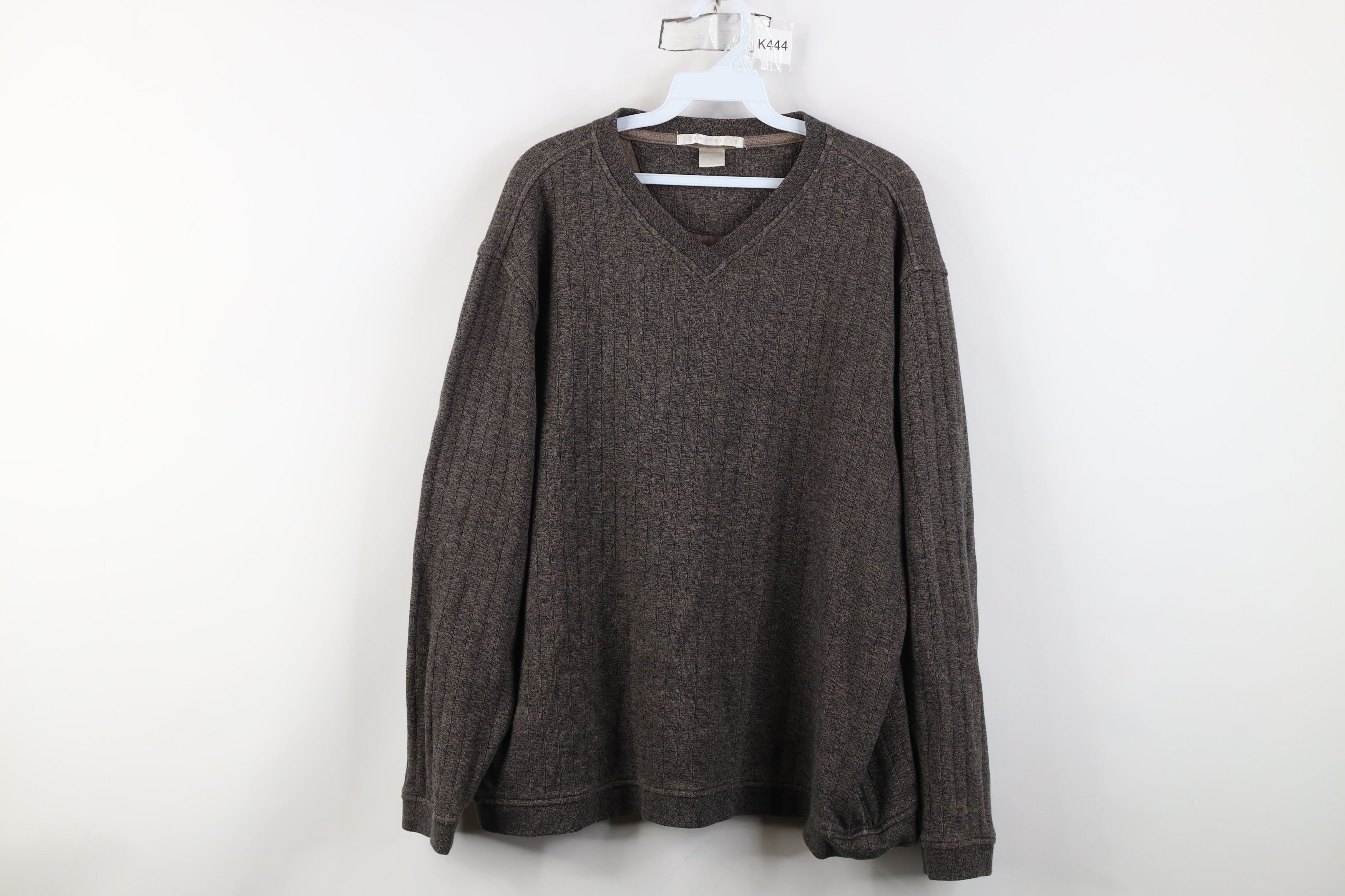 Vintage Vintage 90s Perry Ellis Ribbed Knit V-Neck Sweater Brown Size US L / EU 52-54 / 3 - 1 Thumbnail