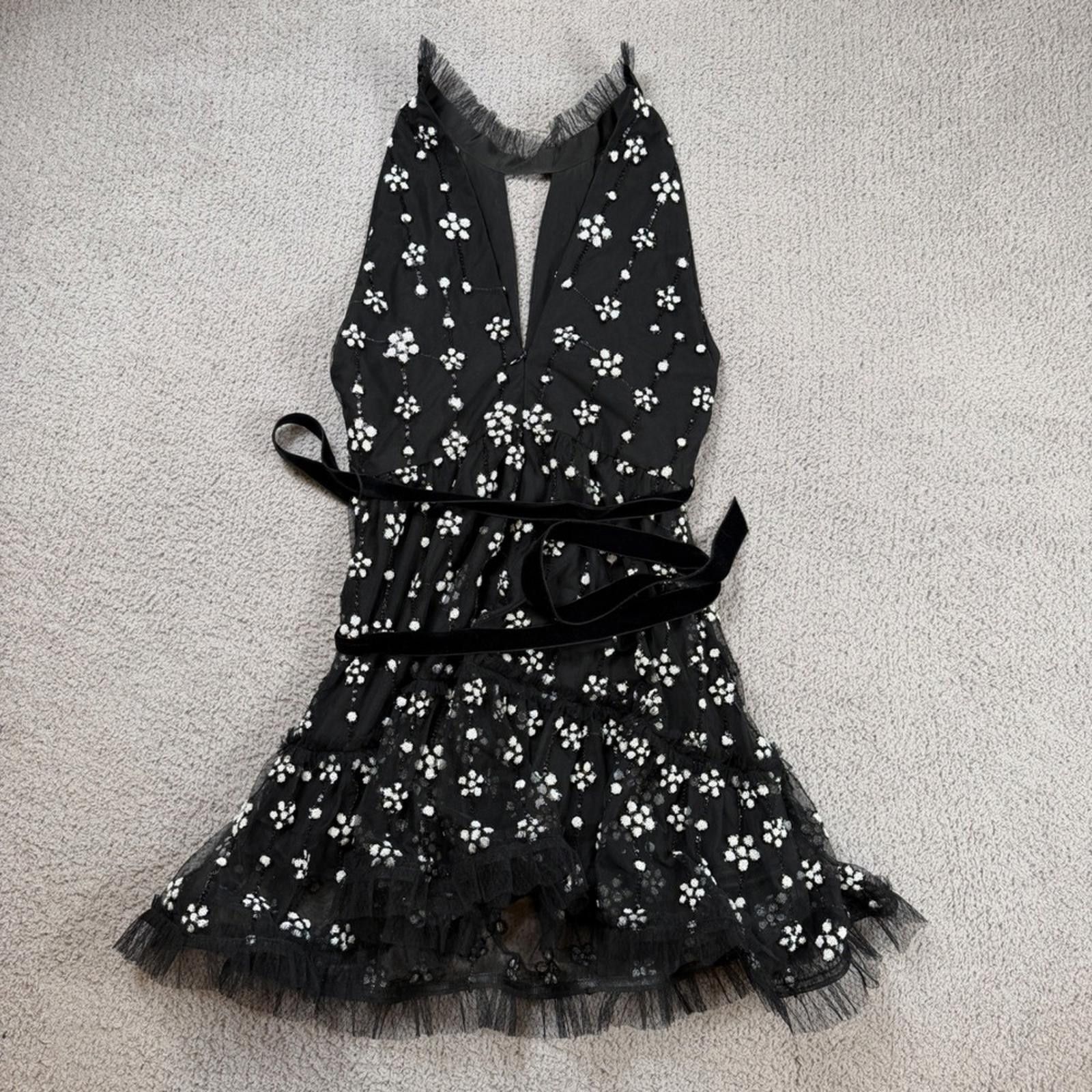 Alexis Mabille Alexis Black Floral Sequin Tulle Mini Dress Velvet Tie Size M / US 6-8 / IT 42-44 - 1 Thumbnail