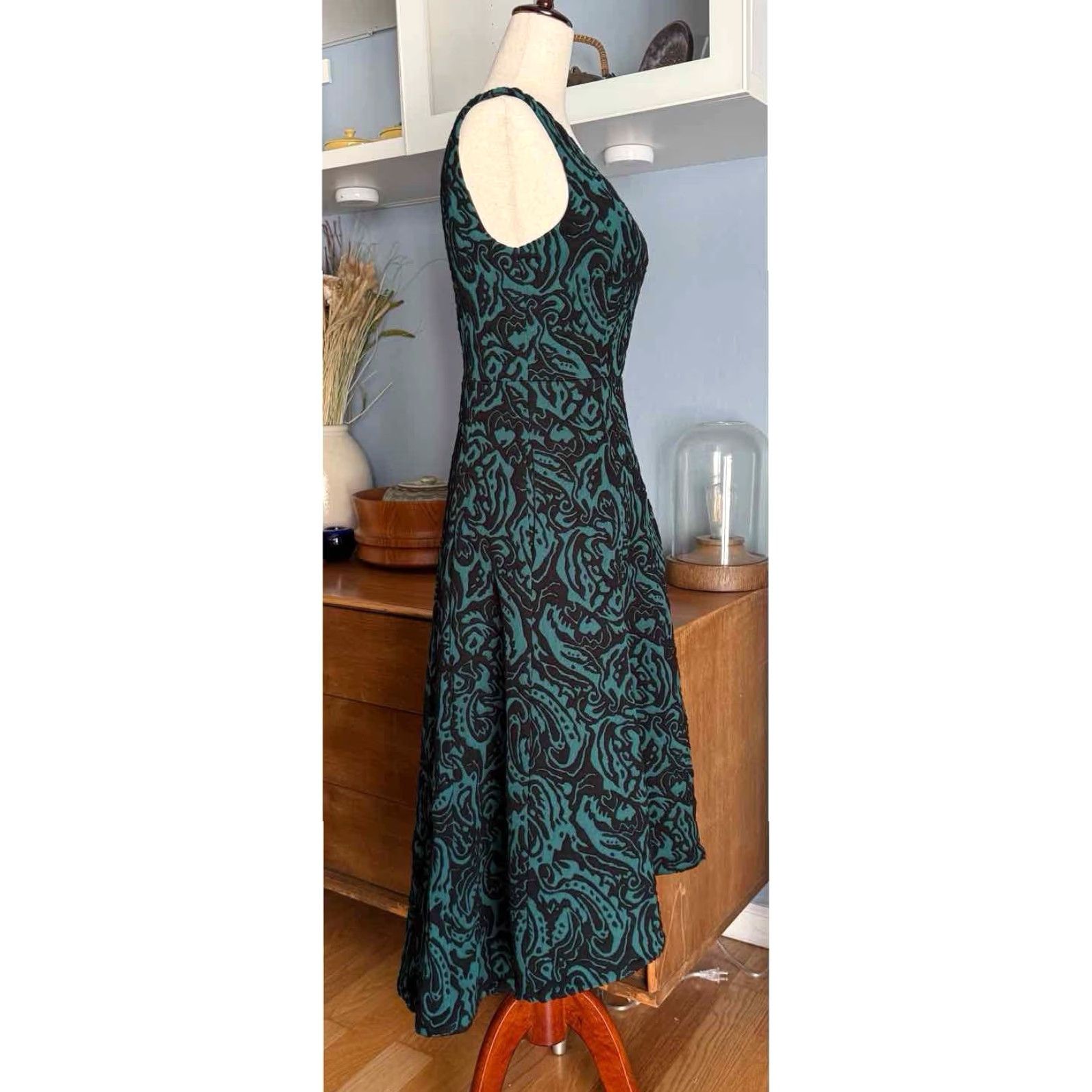 Vintage Catherine Malandrino Dress Jacquard Hi-Low Hem Midi Sleeveless V-Neck Zip Black Green Sz 2 Womens Size XS / US 0-2 / IT 36-38 - 5 Thumbnail