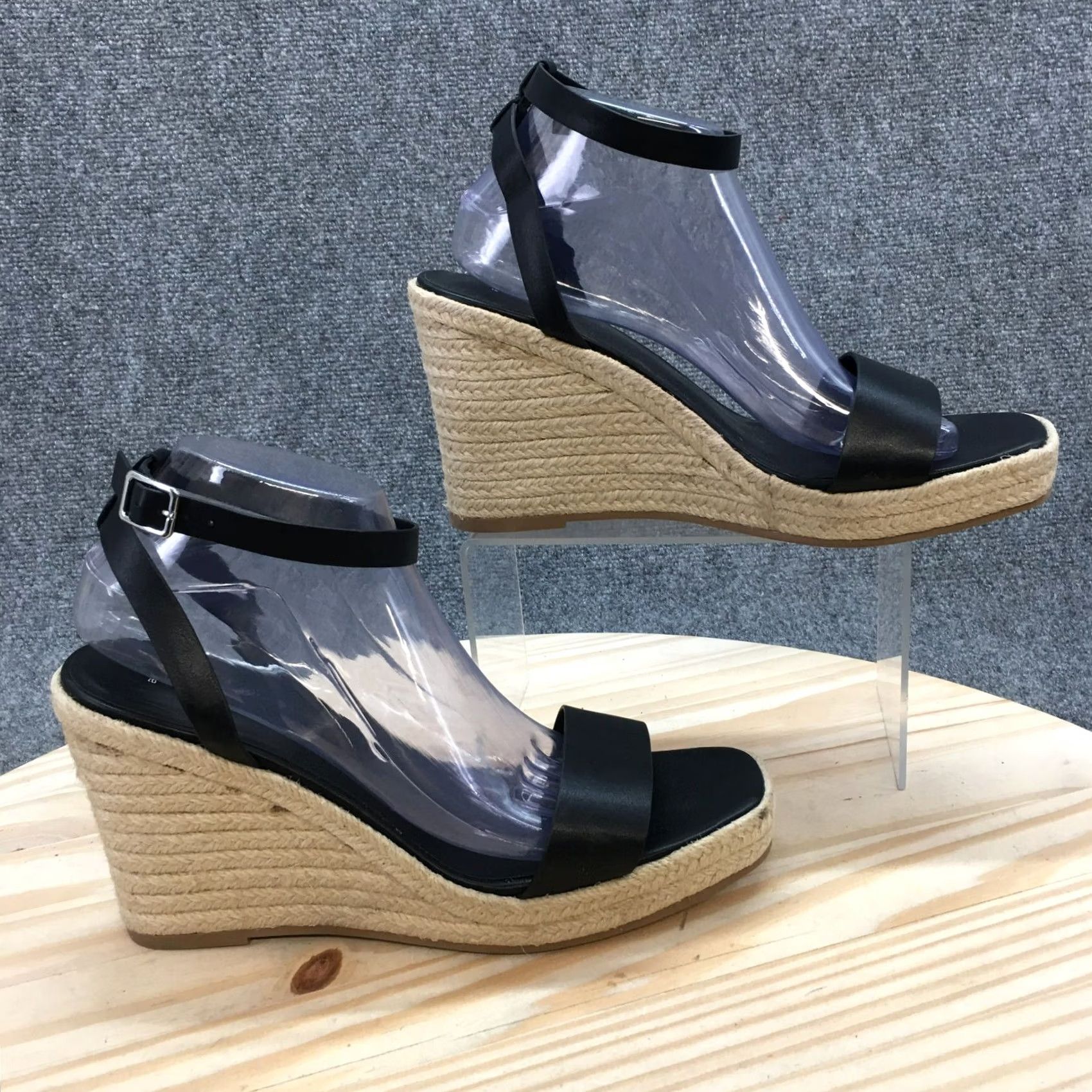 Vintage A New Day Sandals Womens 10 Ankle Straps Espadrilles Black Faux Leather Wedge Size US 10 / IT 40 - 2 Thumbnail