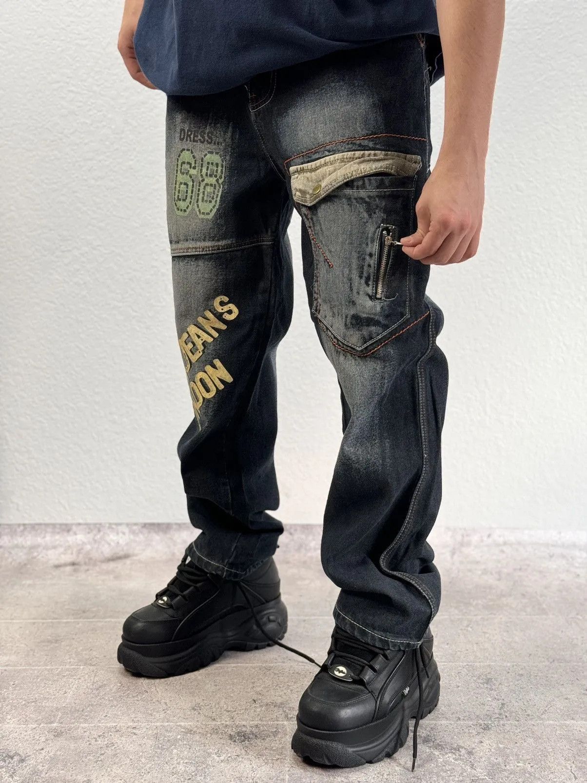 Ed Hardy VINTAGE Y2K RAW BLUE BAGGY CYBER WING DENIM SEQUIN JEANS 36 Size US 31 - 10 Thumbnail