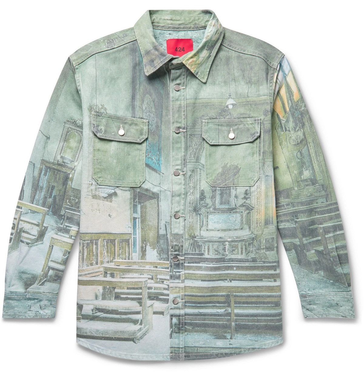 image of 424 On Fairfax 424 - Printed Denim Shirt Jacket in Blue, Men's (Size Medium)
