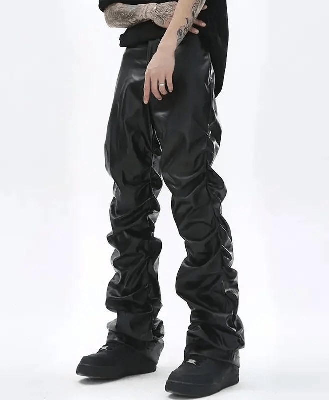 Japanese Brand × Vintage Loose Ruched Casual Pu Leather Pants Streetwear Punk Rock Size US 31 - 3 Thumbnail