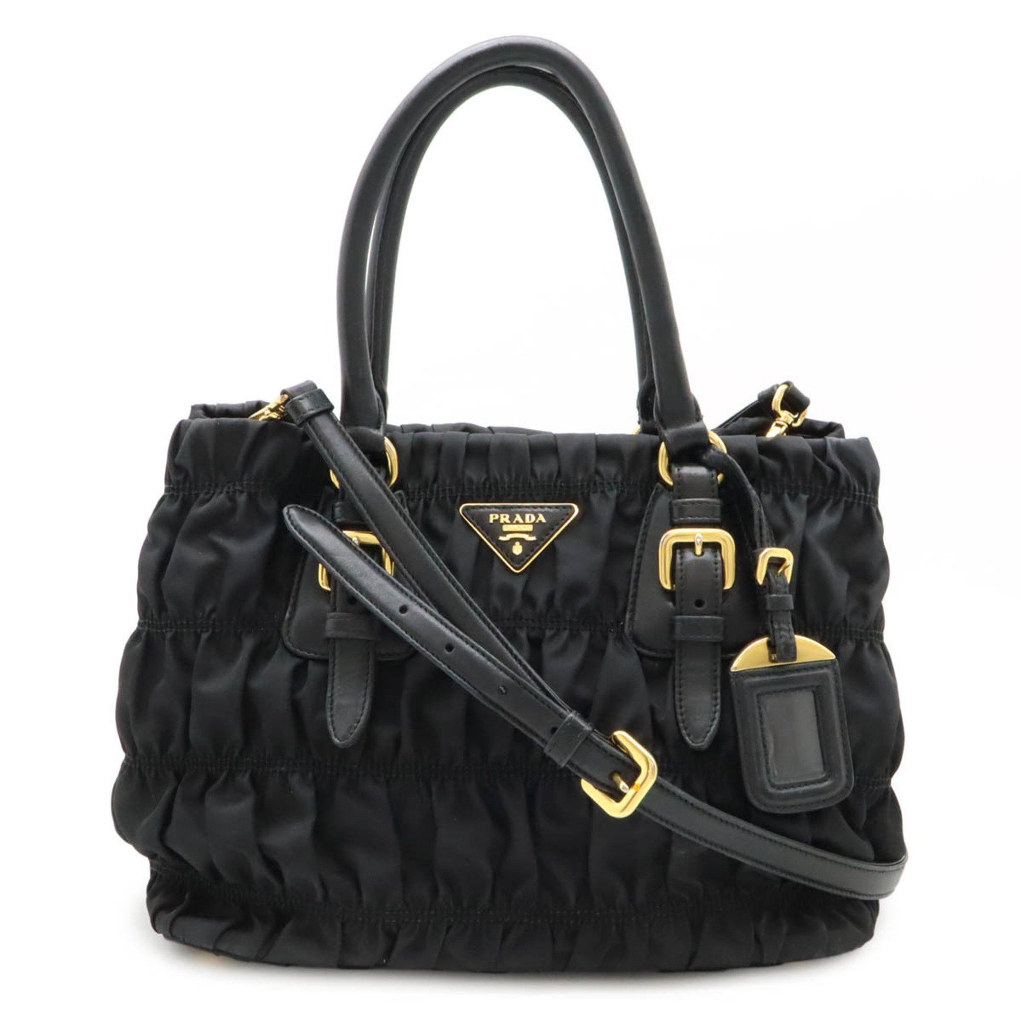 Prada Gathered Handbag Tote Bag Shoulder Nylon Nero Black Bn2868, Women's