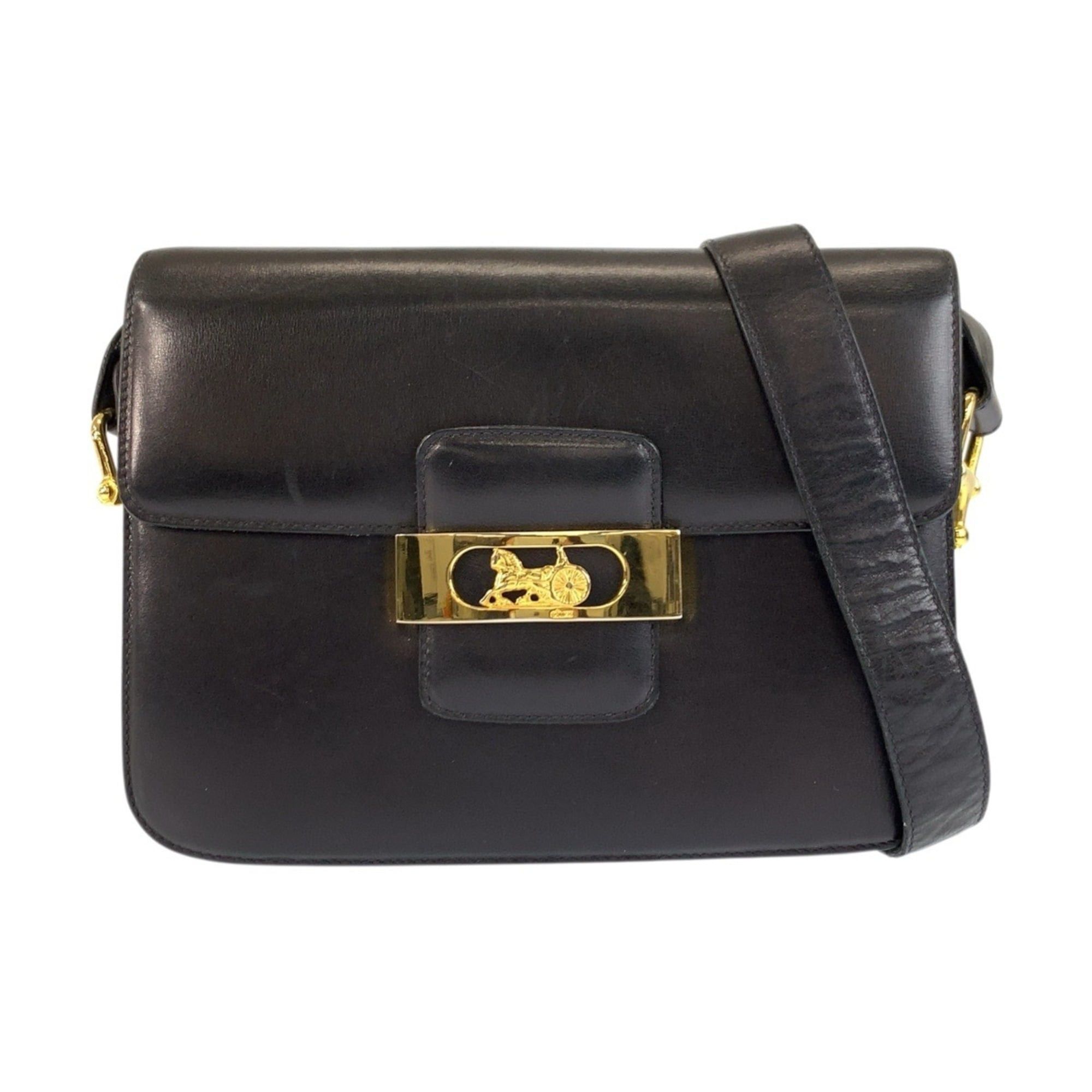Celine Celine Carriage Hardware Black Leather Shoulder Bag with Gold for Women Size ONE SIZE - 1 Thumbnail