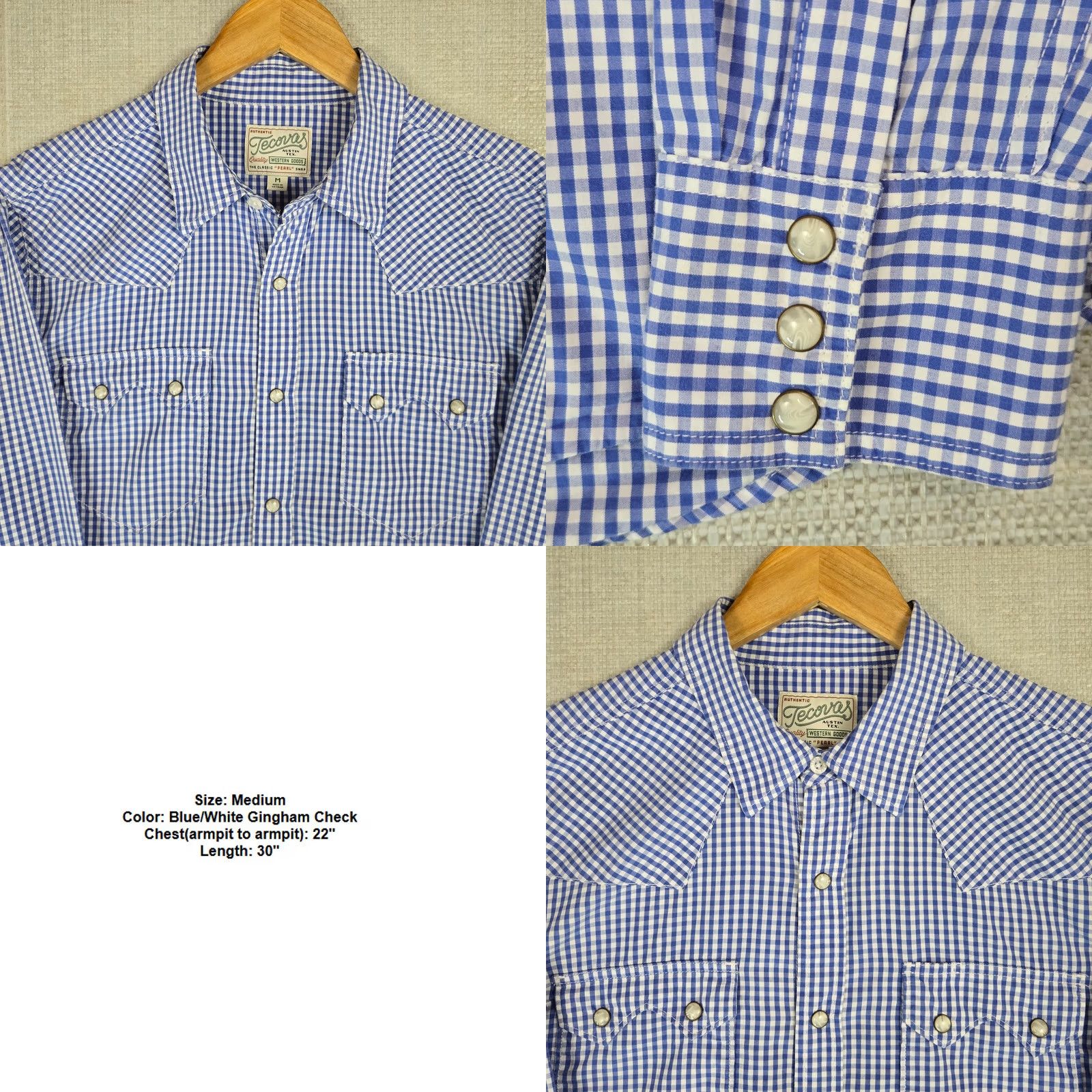 Tecovas Tecovas Austin TX Mens Shirt Long Sleeve Western Pearl Snap Cotton Blue/White Gingham Check Size US M / EU 48-50 / 2 - 8 Thumbnail