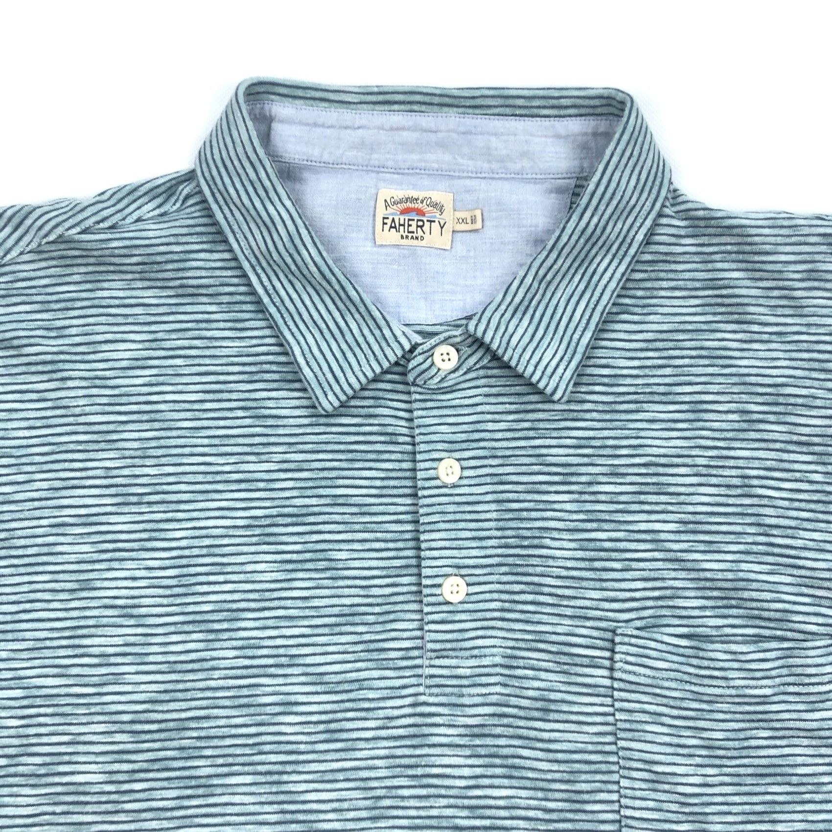 Faherty Faherty Brand Polo Shirt Green Blue White Stripe Short Sleeve Pocket 2XL Mens Size US XXL / EU 58 / 5 - 2 Thumbnail