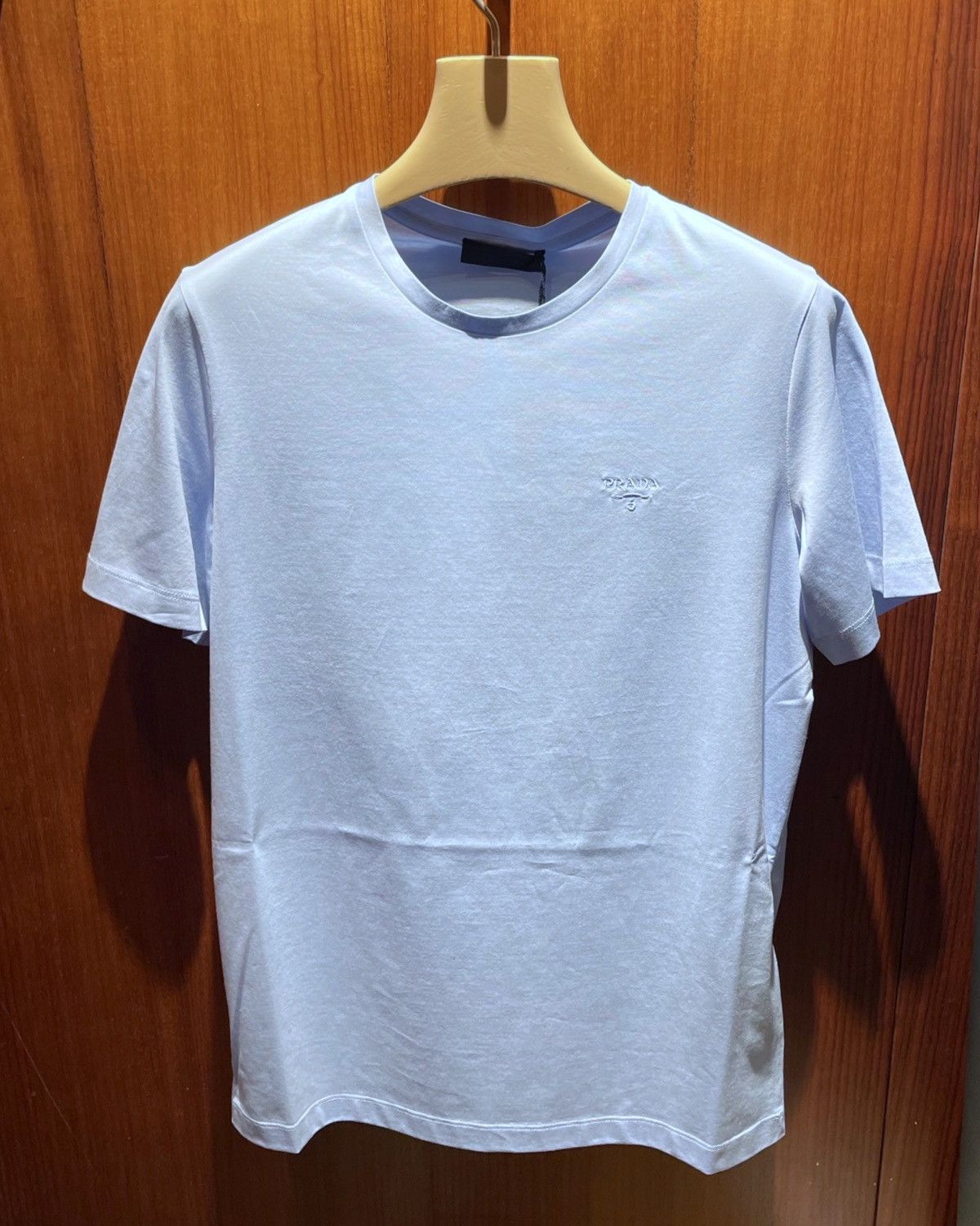 image of Prada Embroidered Chest Logo T-Shirt in Light Blue, Men's (Size XL)