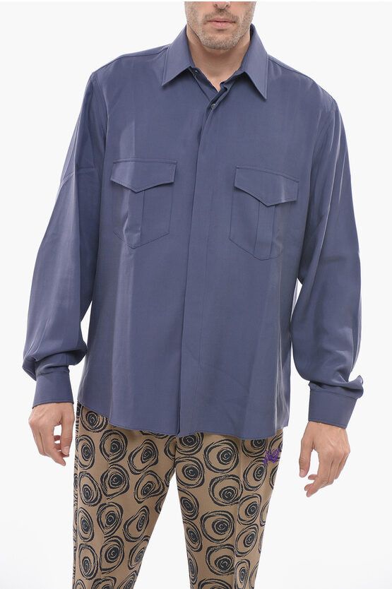 image of Bally Silk Saharan Shirt With Standard Collar in Blue, Men's (Size Medium)