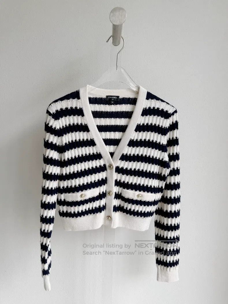 Chanel Navy-style striped knitted cardigan coat