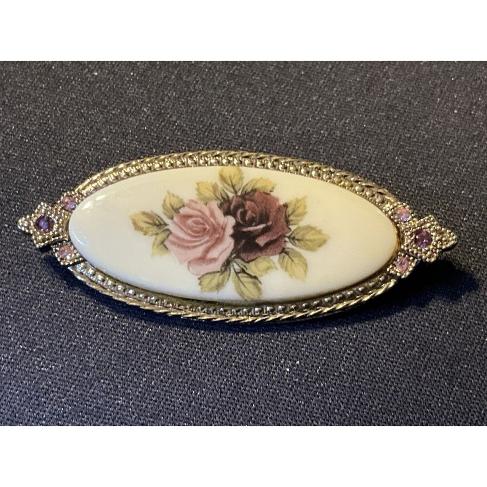 Other Vintage Porcelain Hand Painted Pink Purple Roses Brooch Size ONE SIZE - 1 Thumbnail