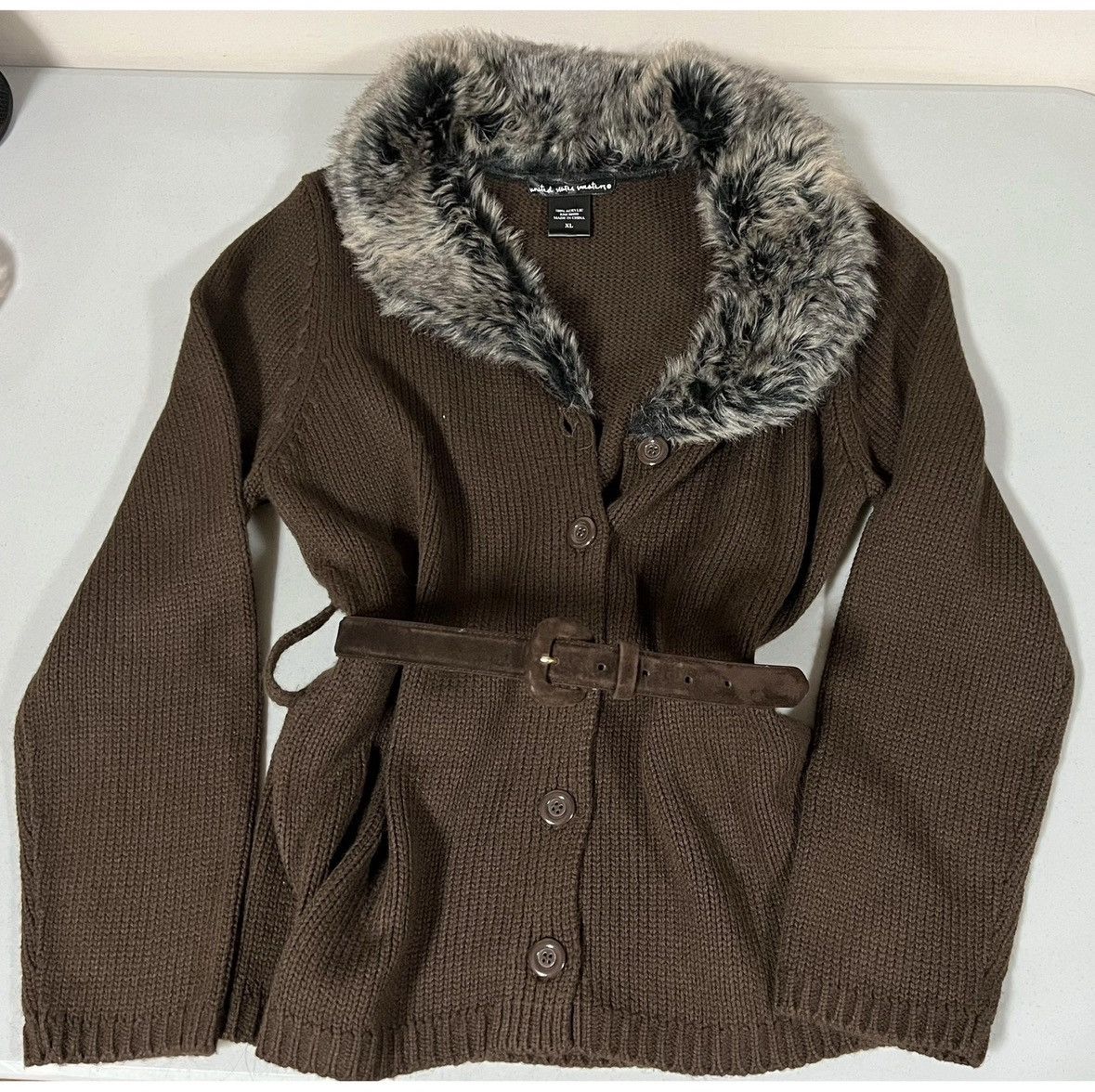 United Arrows Brown Knit Fur Button-Up Belted Sweater Cardigan Top XL 🤎✨ Size XL / US 12-14 / IT 48-50 - 3 Thumbnail