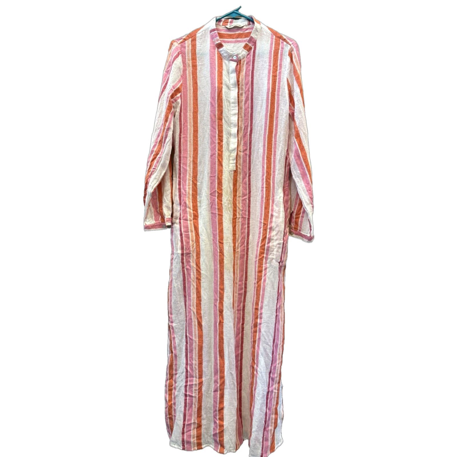 Soft Surroundings Kaftan Maxi Dress Striped Pink White Orange Boho Casual Dress L Long Sleeve Pockets Side Slit V-Neck Pullover