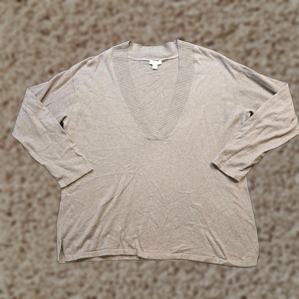 J. Jill J Jill Sweater Women's Beige Cashmere Blend V-Neck Long Sleeve Size M Pullover Knit Lightweight Casual Workwear Mens? Size M / US 6-8 / IT 42-44 - 1 Thumbnail