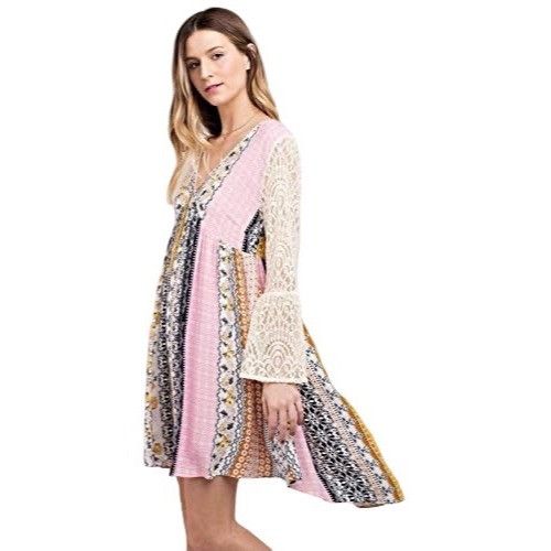 Other Mixed Print Lace Bell Sleeve Mini Dress | Boho Coastal Cowgi Size S / US 4 / IT 40 - 5 Thumbnail