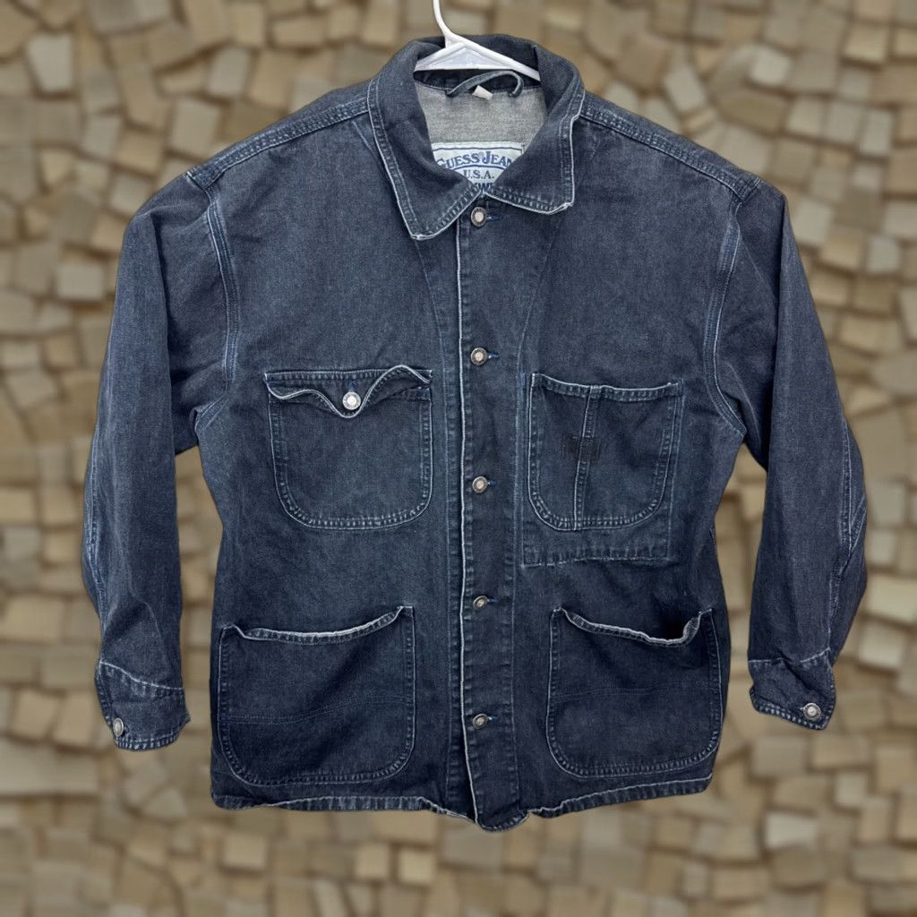 Guess VTG Guess Jeans Chore Jacket Mens L Denim Blue 90s Workwear USA Buttons Pockets Collared Long Jacket Mens Size US 33 - 1 Thumbnail