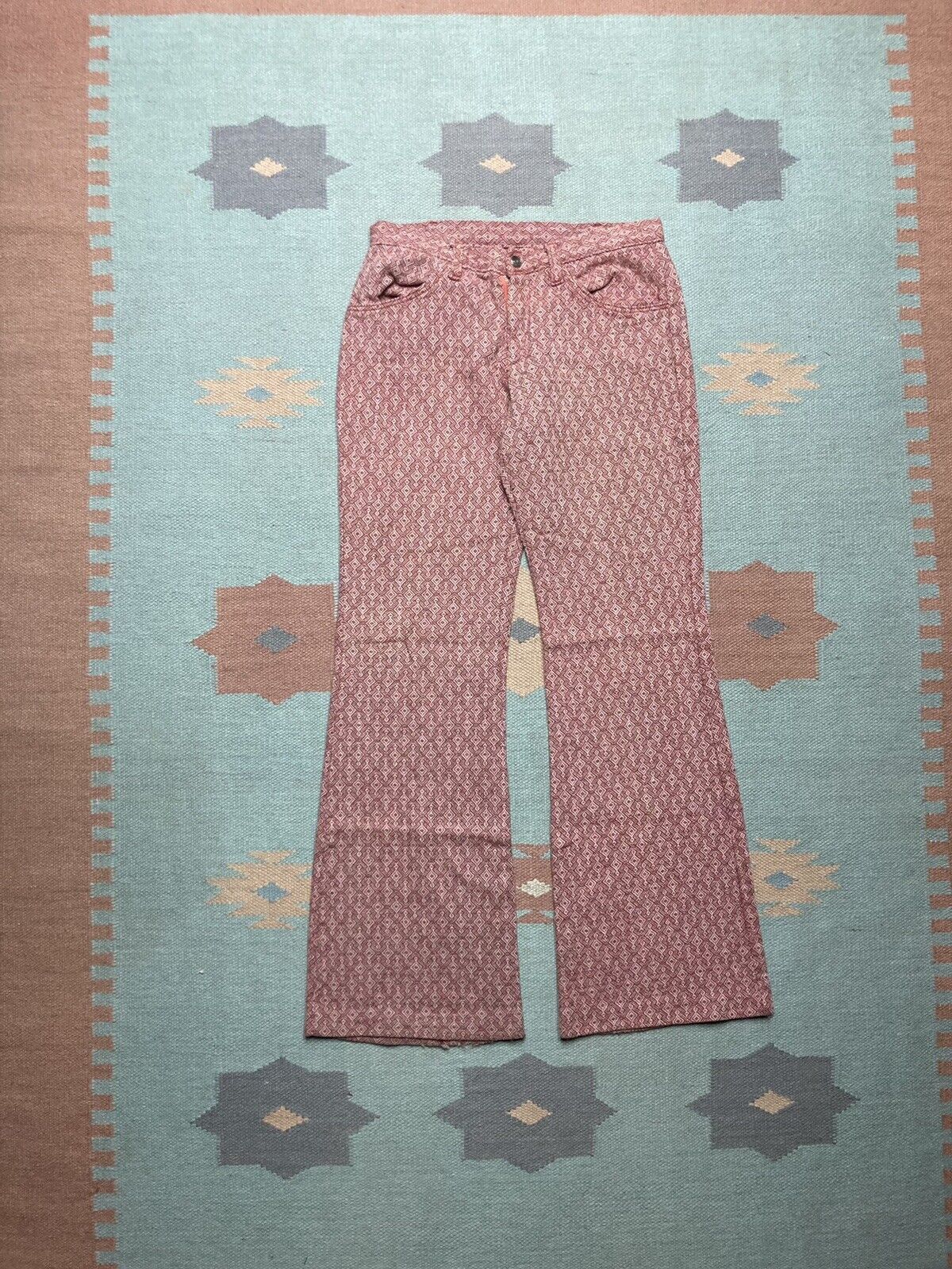 Vintage VTG 70s knit bell bottom flare pants geometric hippie 28x30 Size 28" / US 6 / IT 42 - 1 Thumbnail