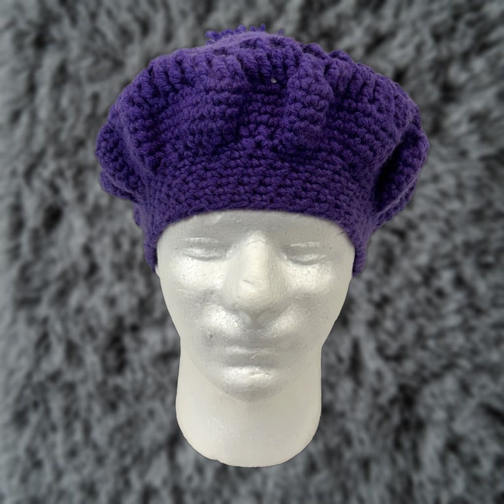 Vintage VINTAGE Hand Knit Beret Hat Adult Purple 1970s Boho Hippie Floppy Pom Pom Artsy Size ONE SIZE - 1 Thumbnail