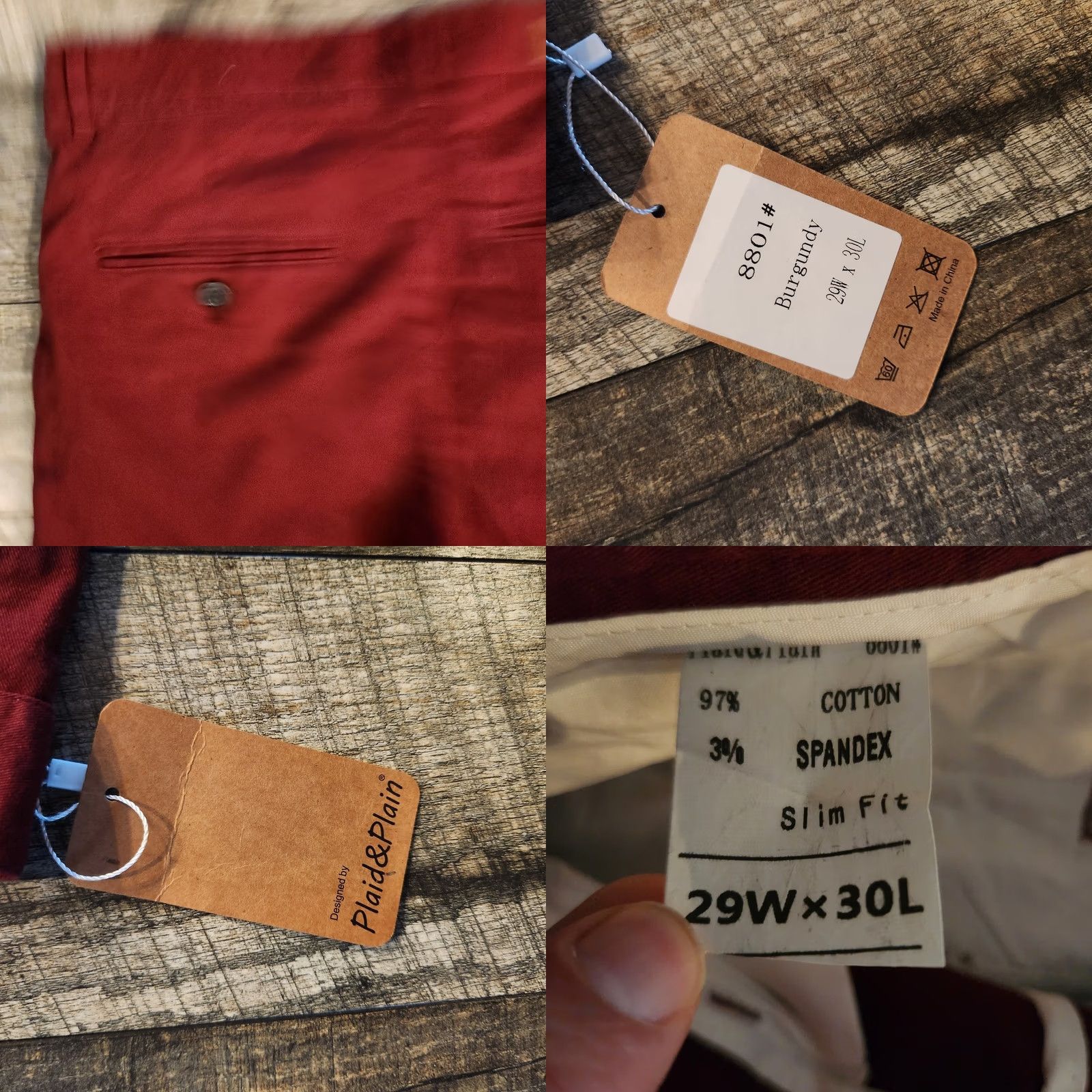 Vintage Plaid & Plain Chino Pants Mens 29x30 Skinny Stretchy Burgundy Red NWT Size US 29 - 9 Thumbnail