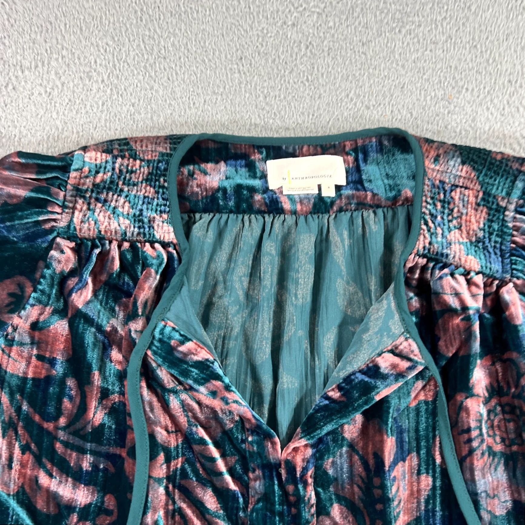 Anthropologie VINTAGE? No, it's not vintage. Anthropologie Blouse Shirt Bohemian Peasant V-Neck Velvet Floral Long Sleeve S Blue/Teal 2010s Boho Womens Size S / US 4 / IT 40 - 2 Thumbnail