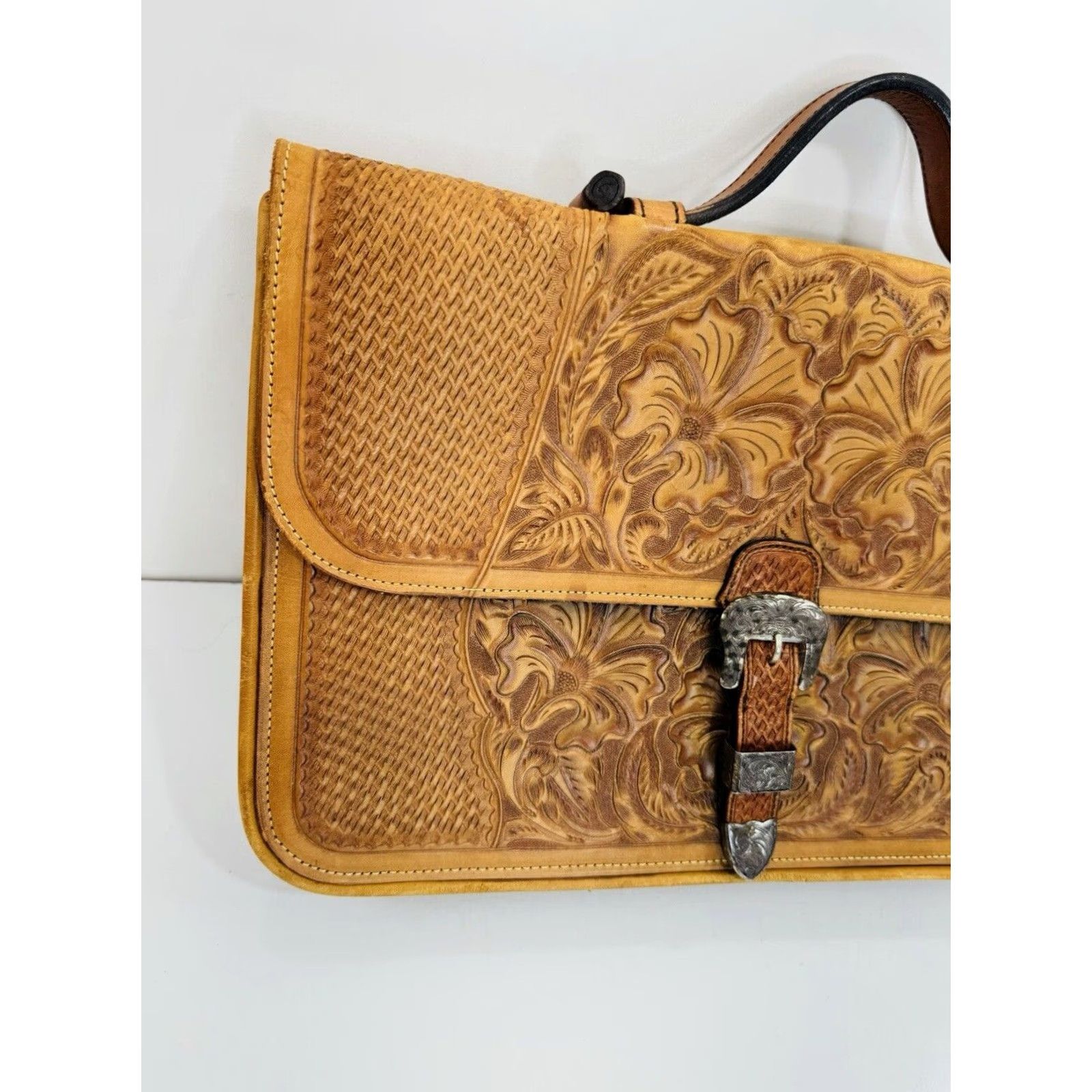 Vintage VOGT Hand Made Tooled LEATHER Vintage Mexico Briefcase Purse Bag Brown 16.25" Long 10.5" Tall 4" Width Leather Handbag Satchel Purse Bag Mens Womens Size ONE SIZE - 2 Thumbnail