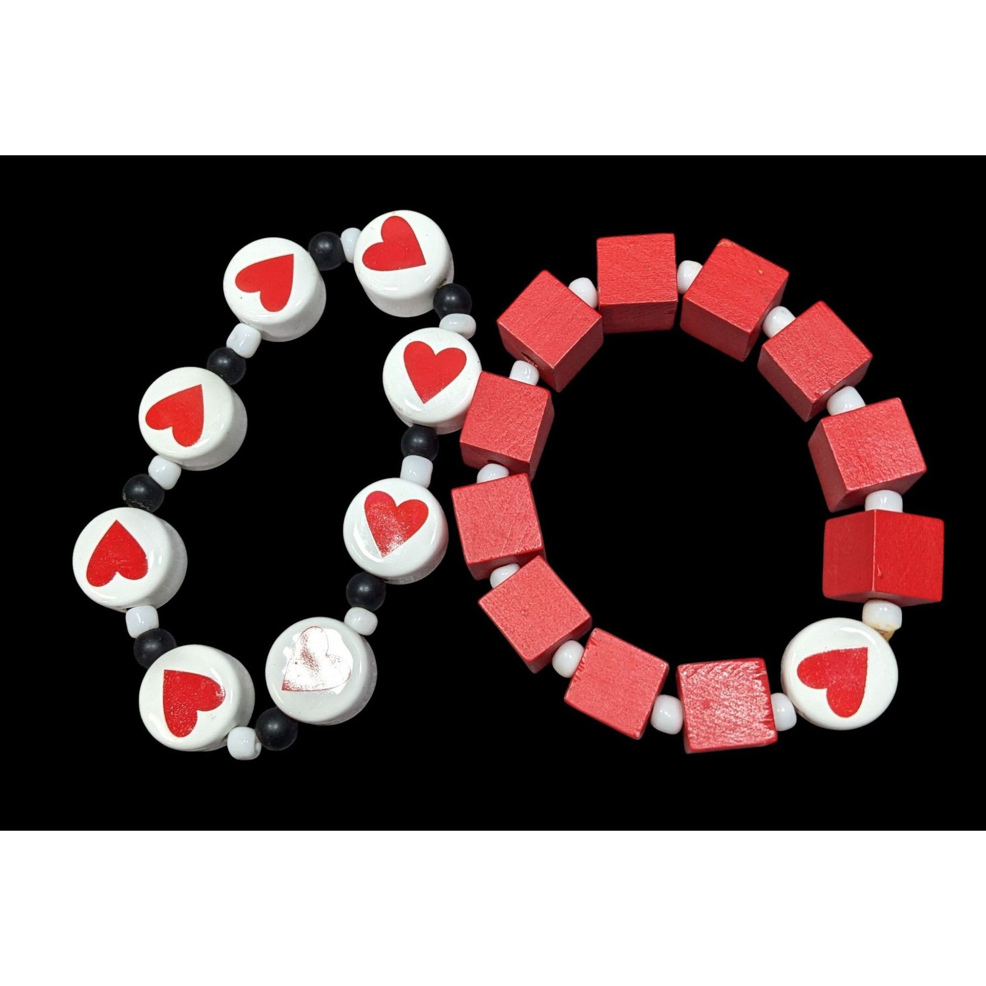 Other Square And Heart Red And White Beaded Stretch Bracelet Set Size ONE SIZE - 1 Thumbnail