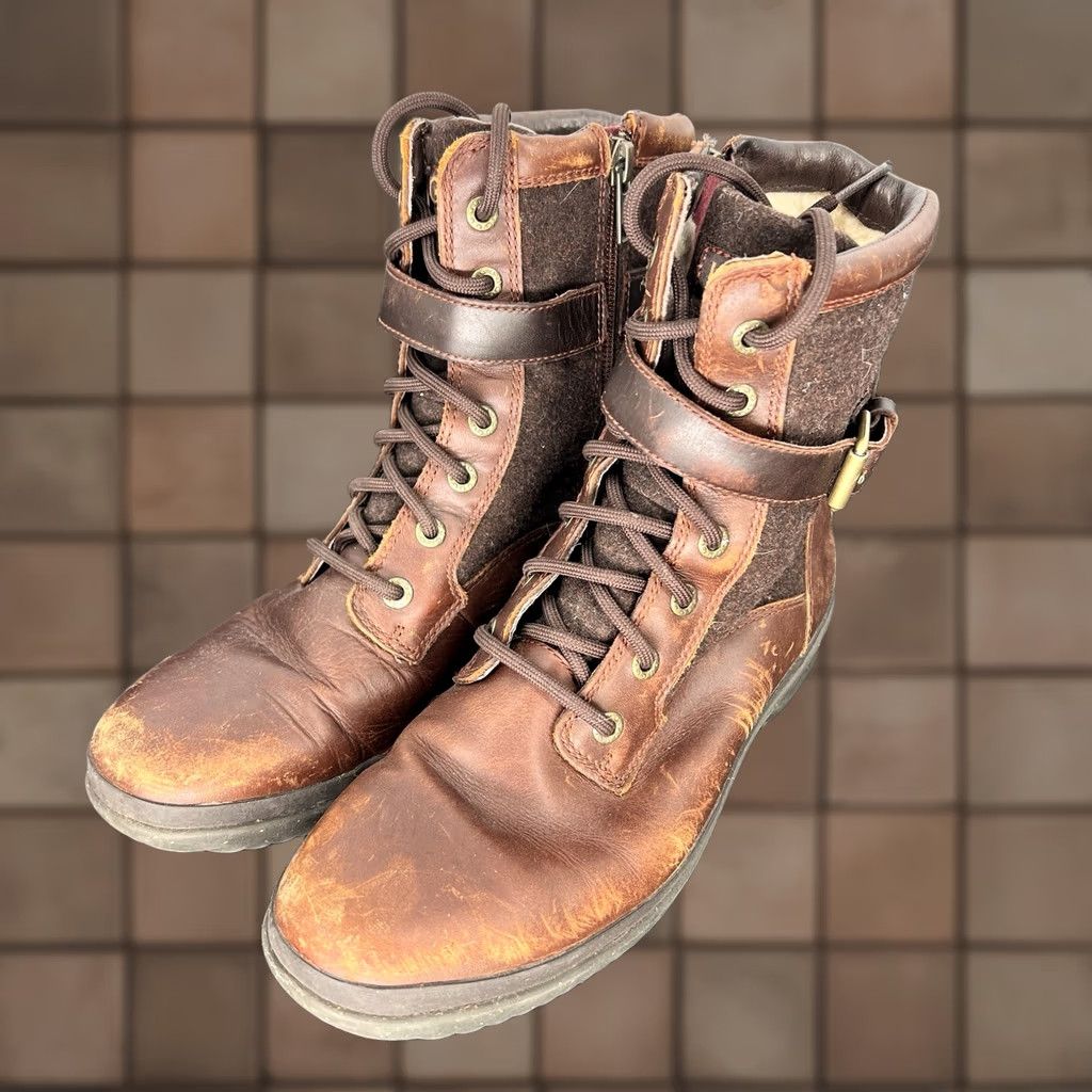 Ugg UGG Australia Kesey Women's Boots Brown Leather Sheepskin Lined Zip Ankle Town 7 Women Combat Waterproof Round Toe Buckle Logo Block Heel 1-1.9in Size US 7 / IT 37 - 1 Thumbnail